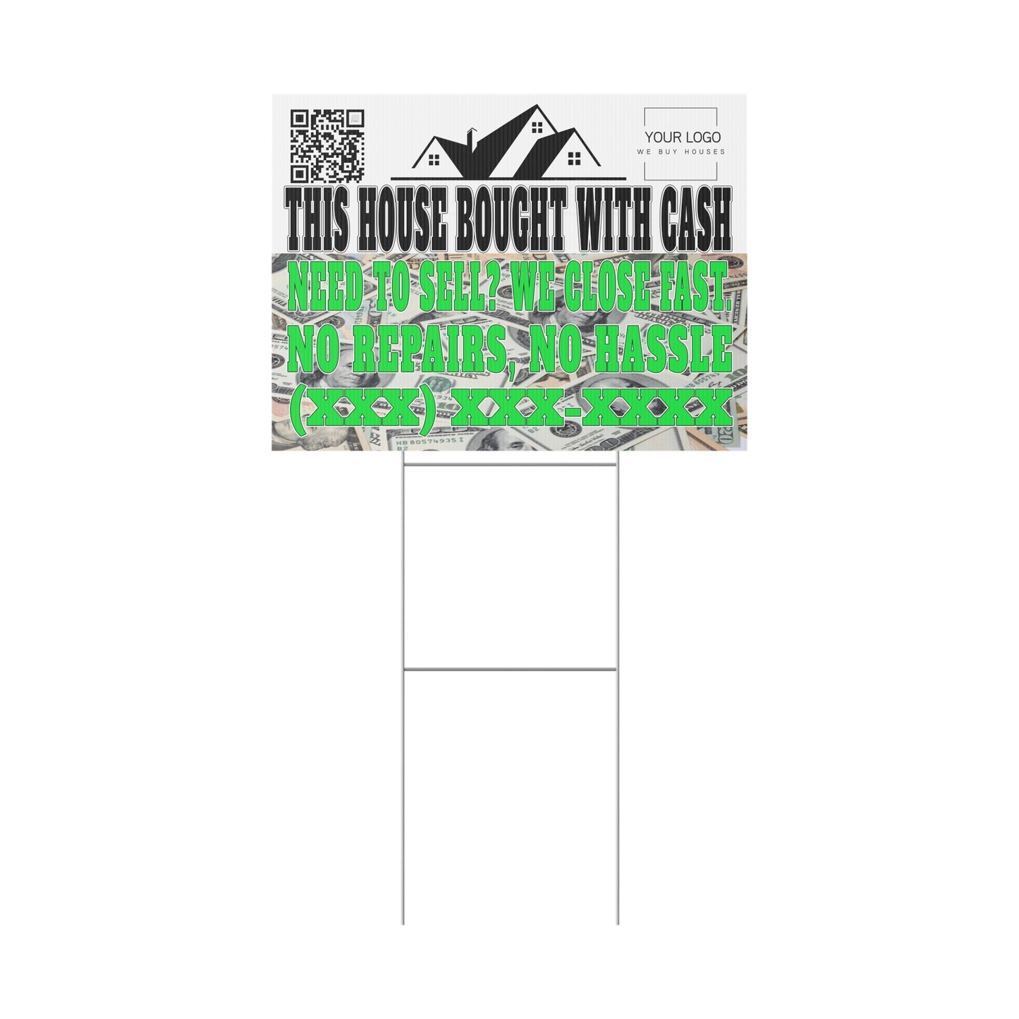 This House Bought with Cash 24" x 18" Plastic Yard Sign - Flippers, Wholesalers, Real Estate Investors