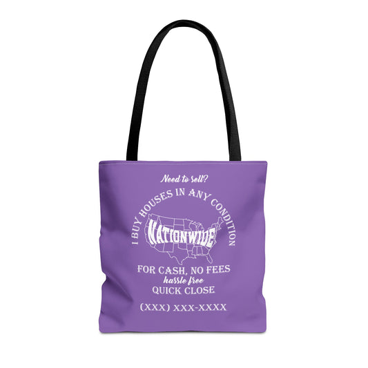 I Buy Houses Nationwide Real Estate Investor Two-Sided Purple Tote Bag with Custom Phone Number