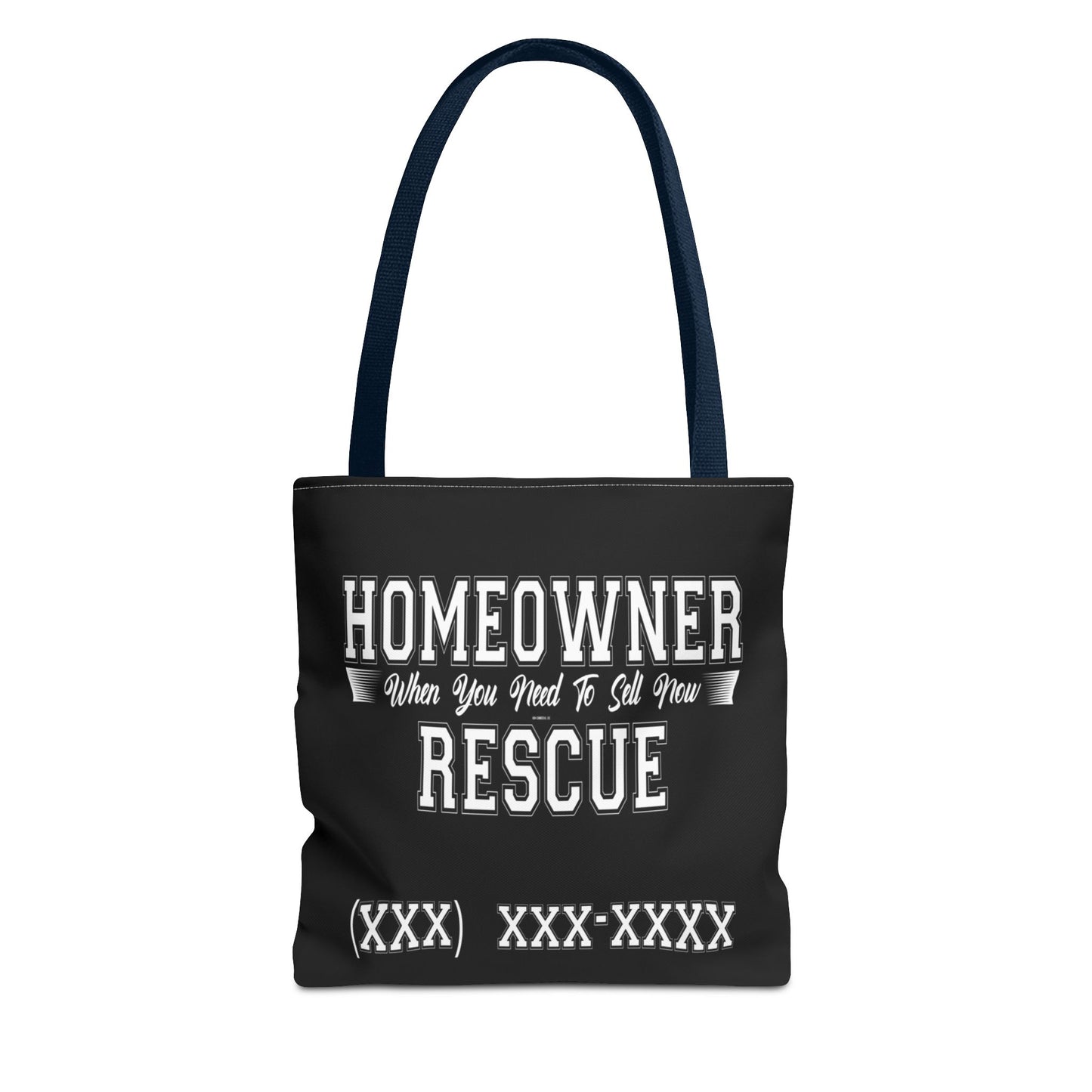 Homeowner Rescue Real Estate Investor Two-Sided Black Tote Bag with Custom Phone Number