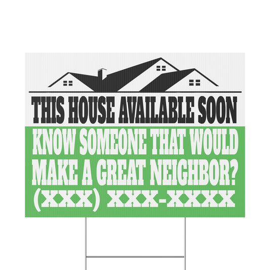 This House Available Soon Black & Green 24" x 18" Plastic Yard Sign - Flippers, Wholesalers, Real Estate Investors