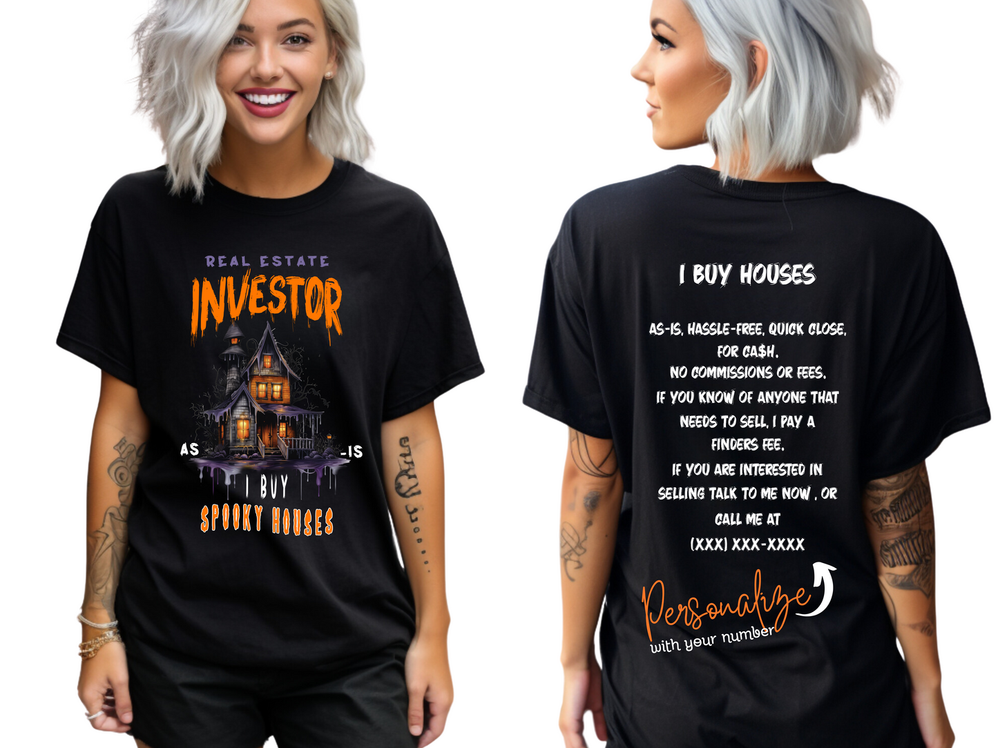 I Buy Spooky Houses As-Is Front and Back Design Unisex Short Sleeve Halloween and Fall T-shirt for Real Estate Investor Promotion