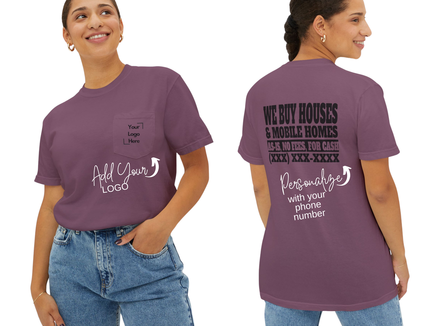 Front Pocket Company Logo We Buy Houses & Mobile Homes Unisex Garment-Dyed Pocket T-Shirt for Real Estate Investors, House Flippers and Wholesalers