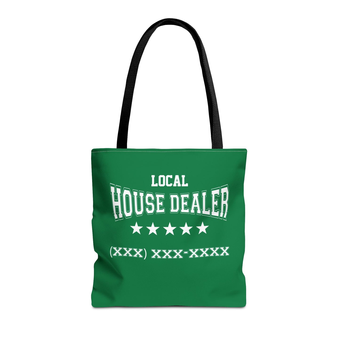 Local Five Star House Dealer Real Estate Investor Two-Sided Dark Green Tote Bag with Custom Phone Number