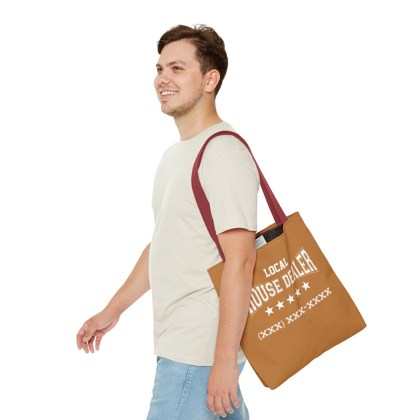 Local Five Star House Dealer Real Estate Investor Two-Sided Brown Tote Bag with Custom Phone Number