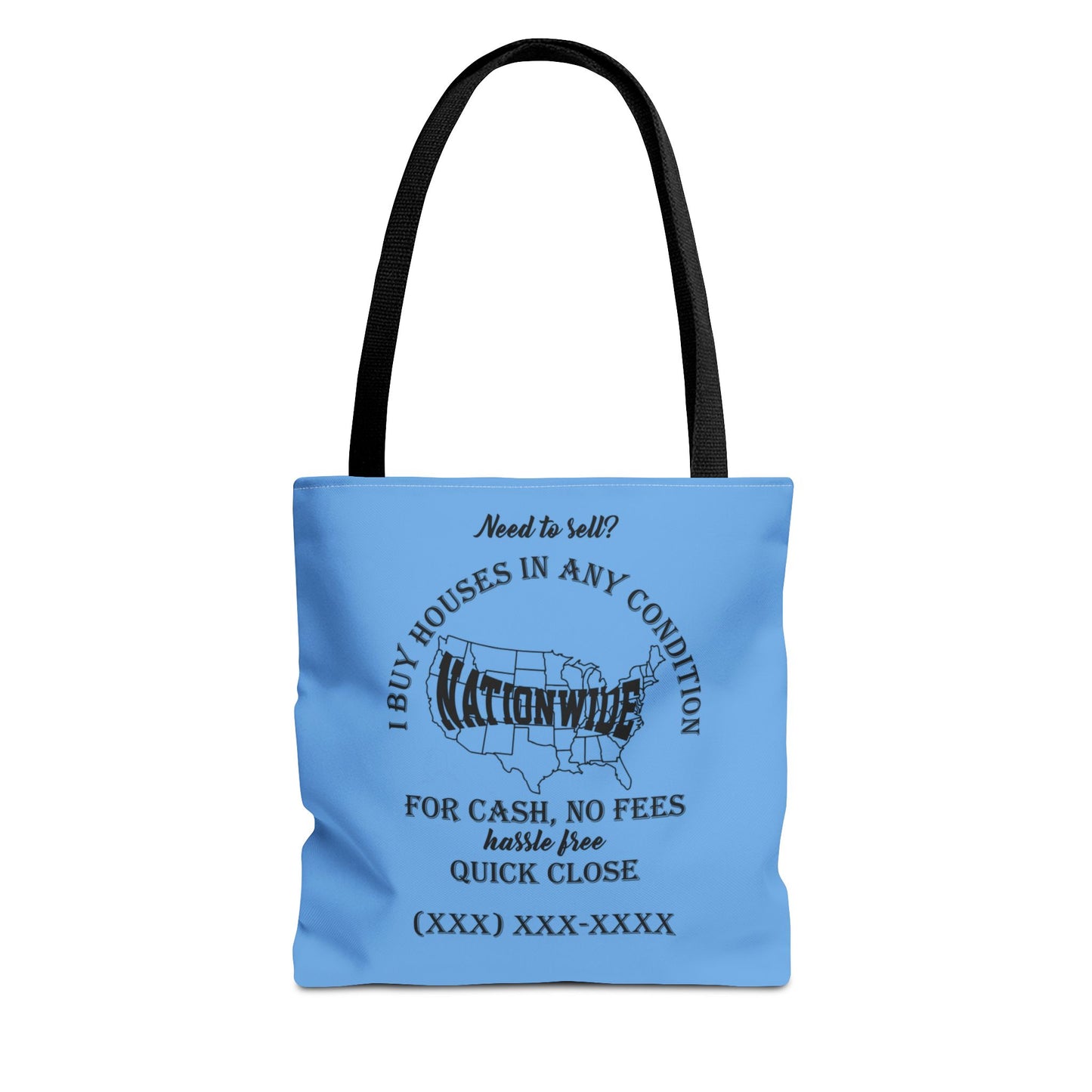 I Buy Houses Nationwide Real Estate Investor Two-Sided Blue Tote Bag with Custom Phone Number