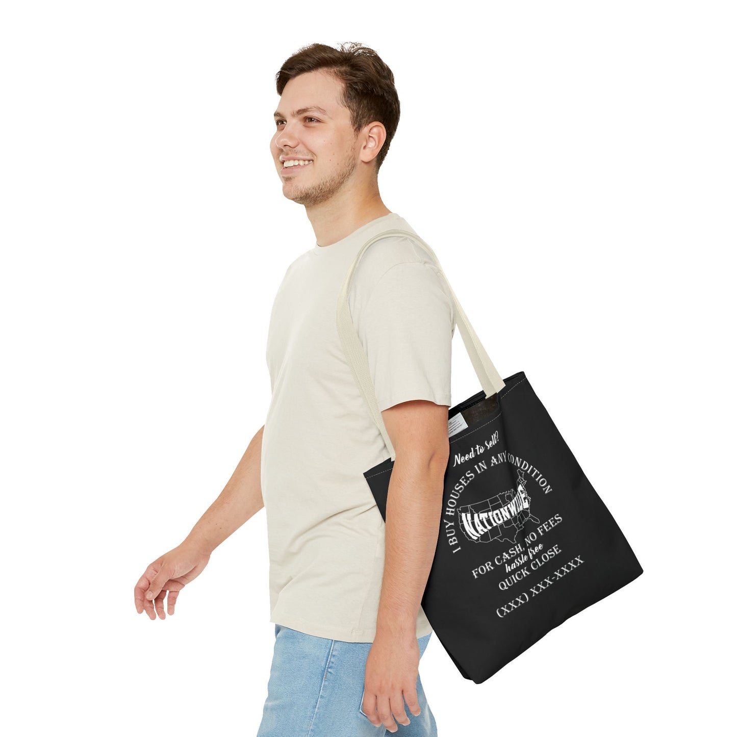 I Buy Houses Nationwide Real Estate Investor Two-Sided Black Tote Bag with Custom Phone Number