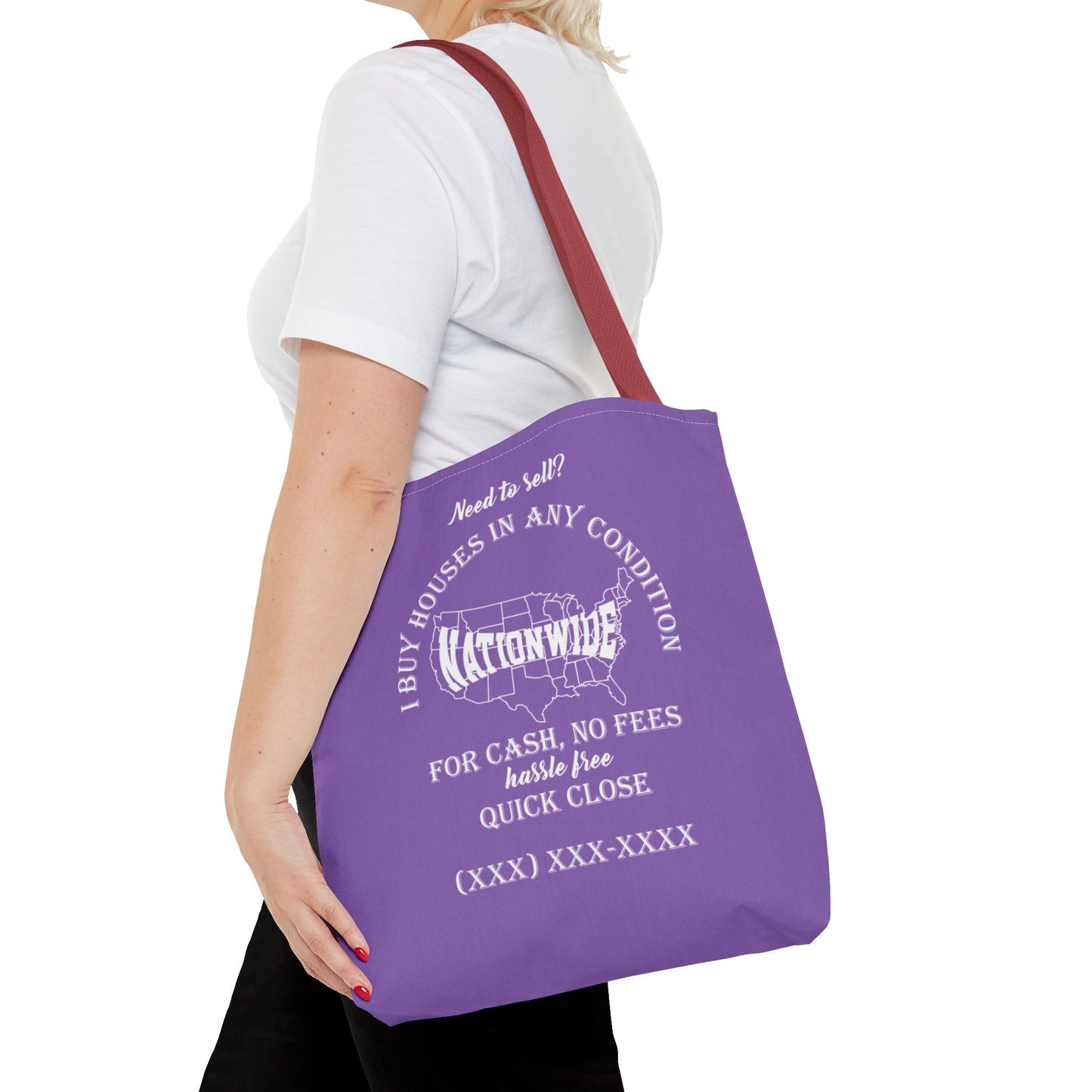 I Buy Houses Nationwide Real Estate Investor Two-Sided Purple Tote Bag with Custom Phone Number