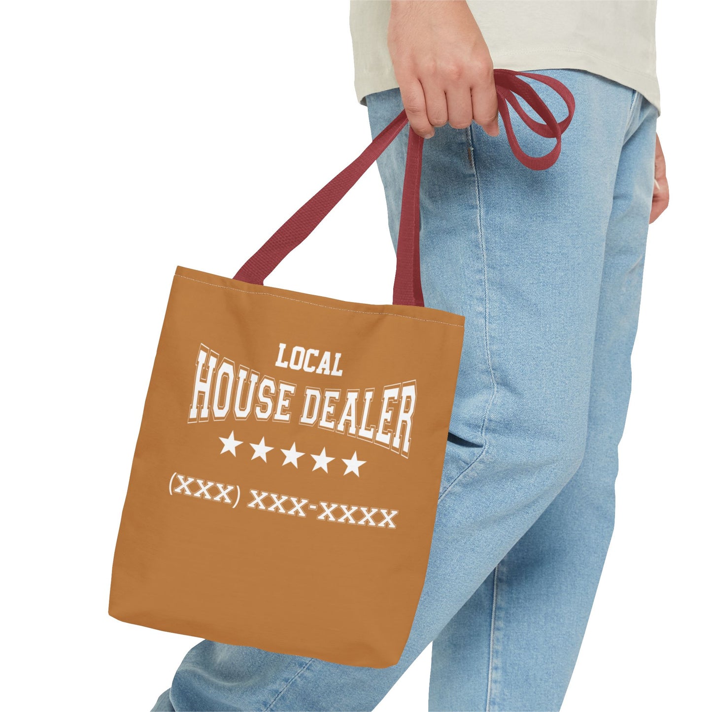 Local Five Star House Dealer Real Estate Investor Two-Sided Brown Tote Bag with Custom Phone Number