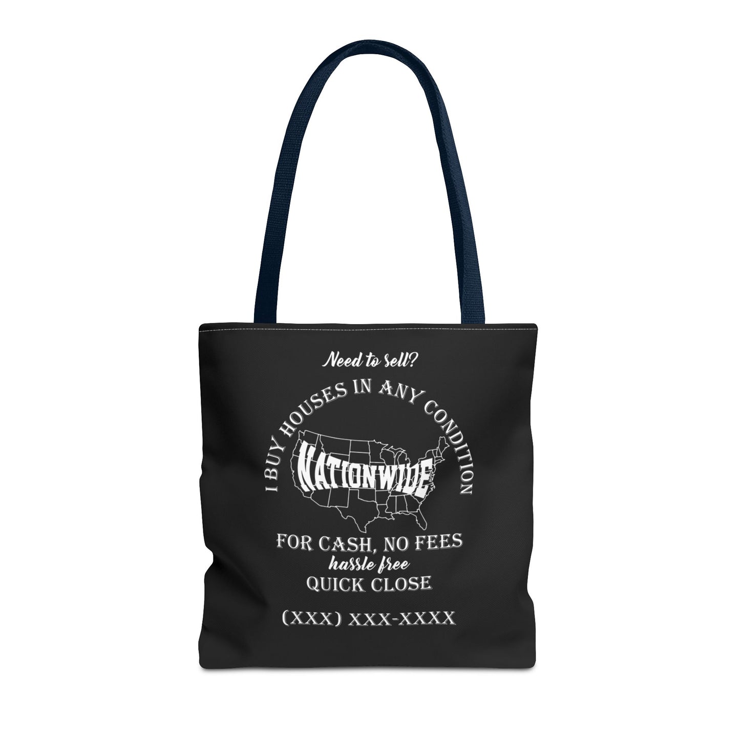 I Buy Houses Nationwide Real Estate Investor Two-Sided Black Tote Bag with Custom Phone Number