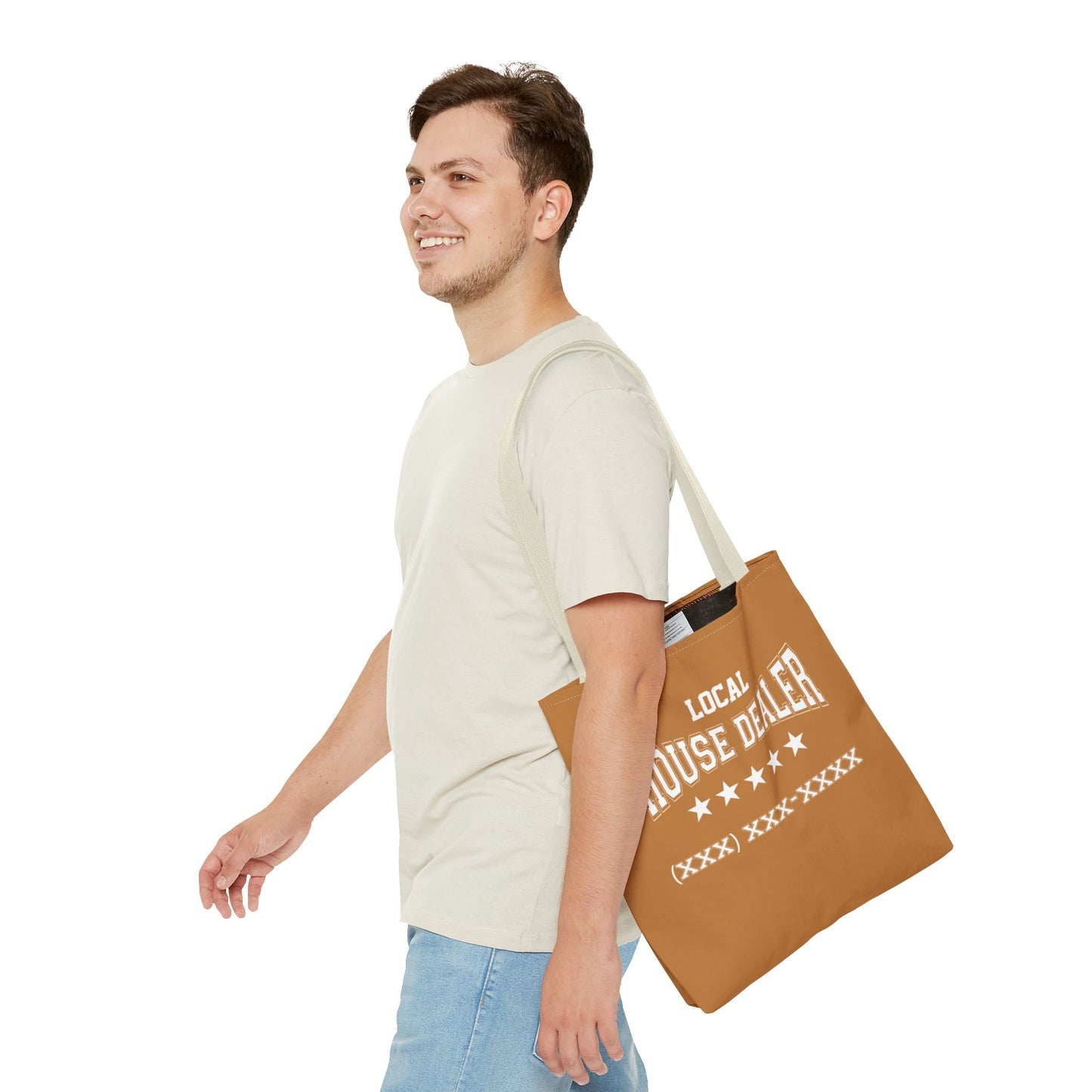 Local Five Star House Dealer Real Estate Investor Two-Sided Brown Tote Bag with Custom Phone Number