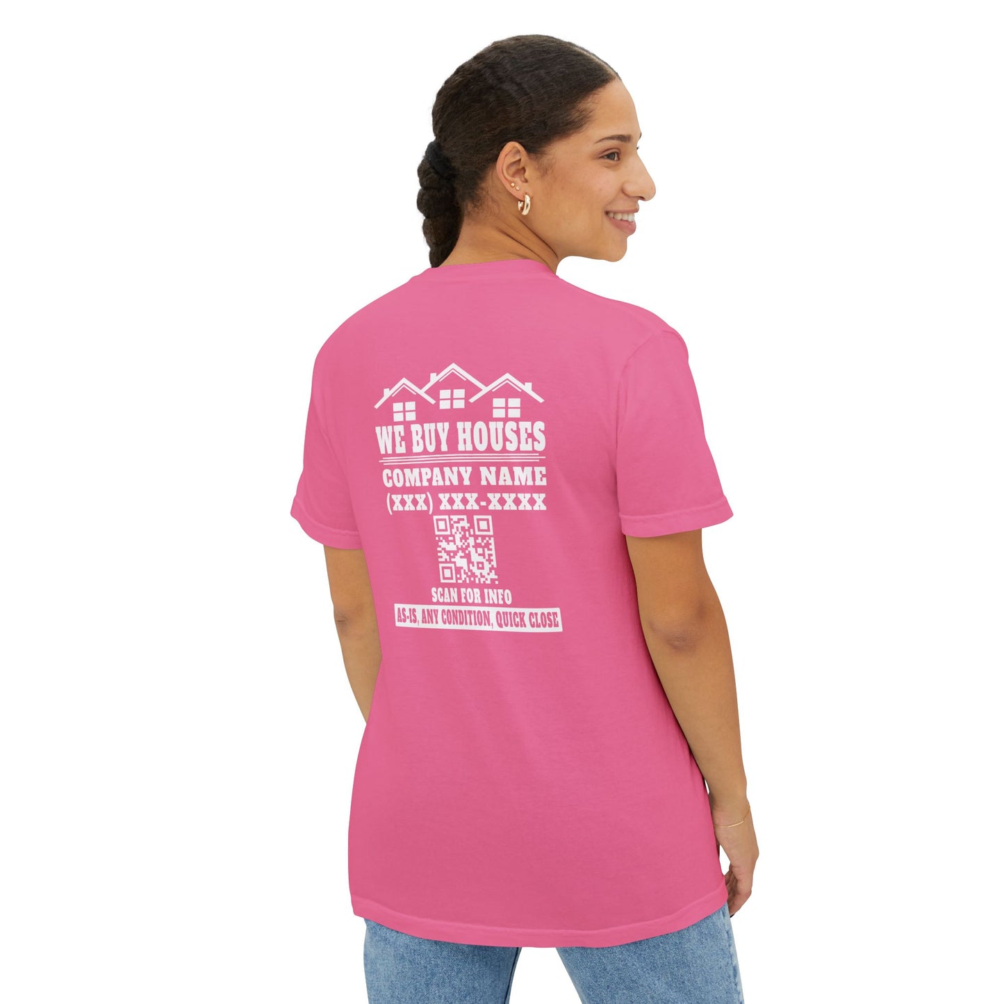 We Buy Houses Company Name Phone Number & QR Code with Front Pocket Unisex Garment-Dyed Pocket T-Shirt for Real Estate Investors, House Flippers and Wholesalers