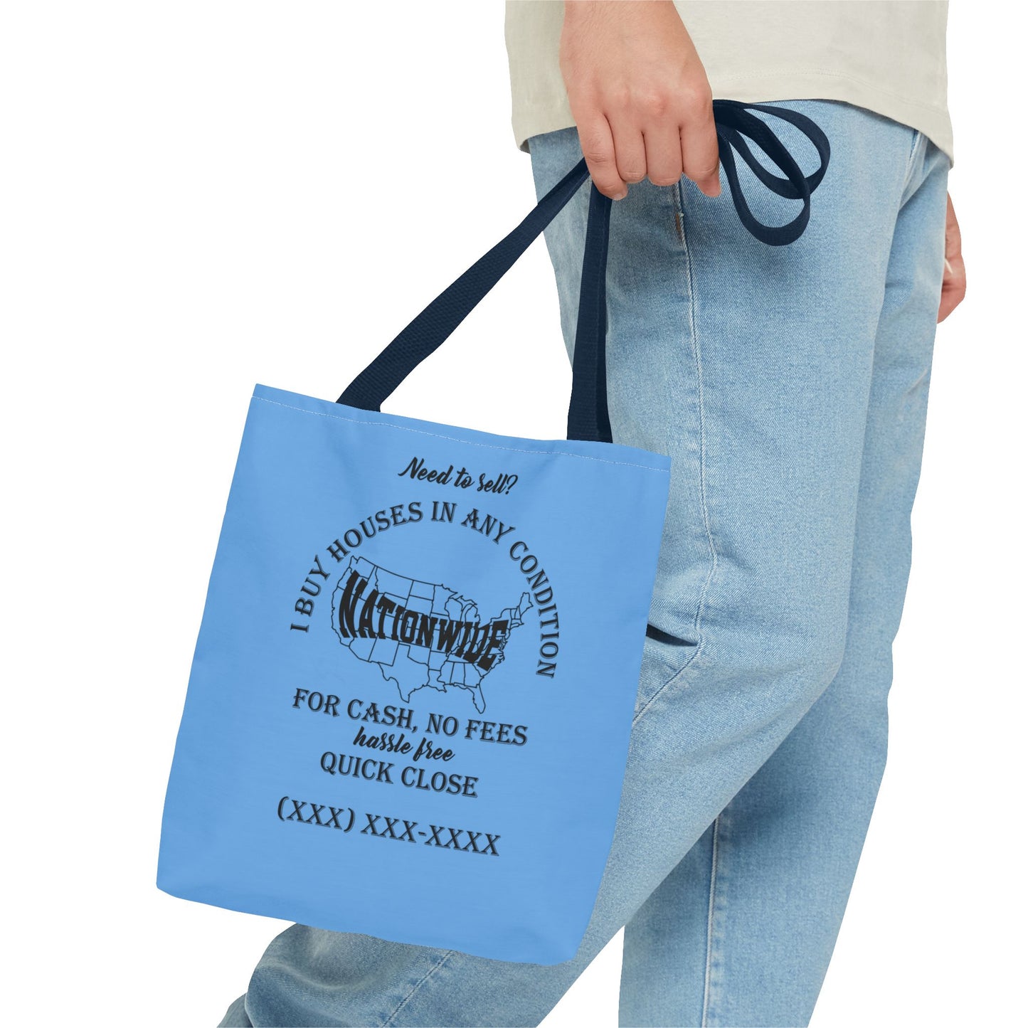 I Buy Houses Nationwide Real Estate Investor Two-Sided Blue Tote Bag with Custom Phone Number