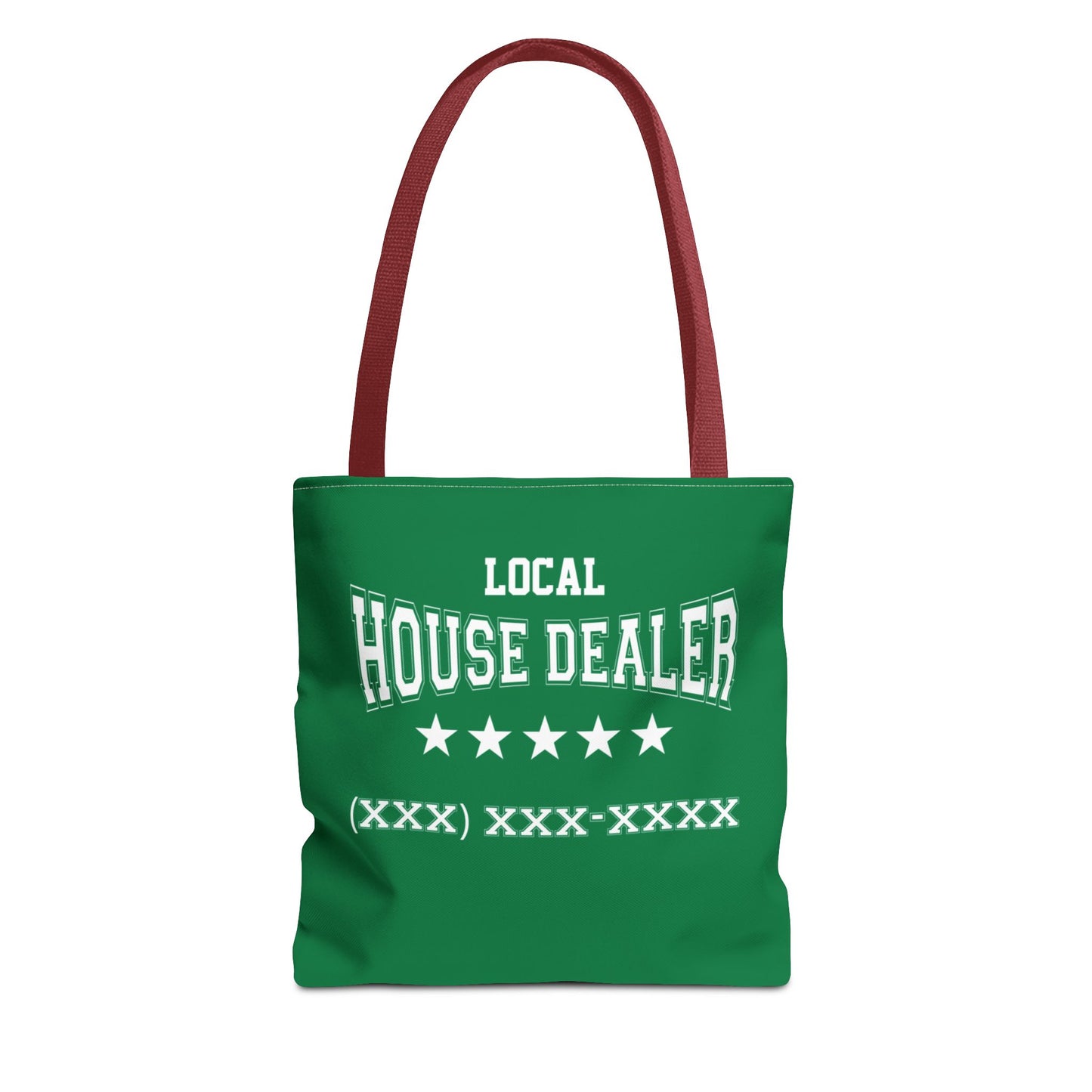 Local Five Star House Dealer Real Estate Investor Two-Sided Dark Green Tote Bag with Custom Phone Number