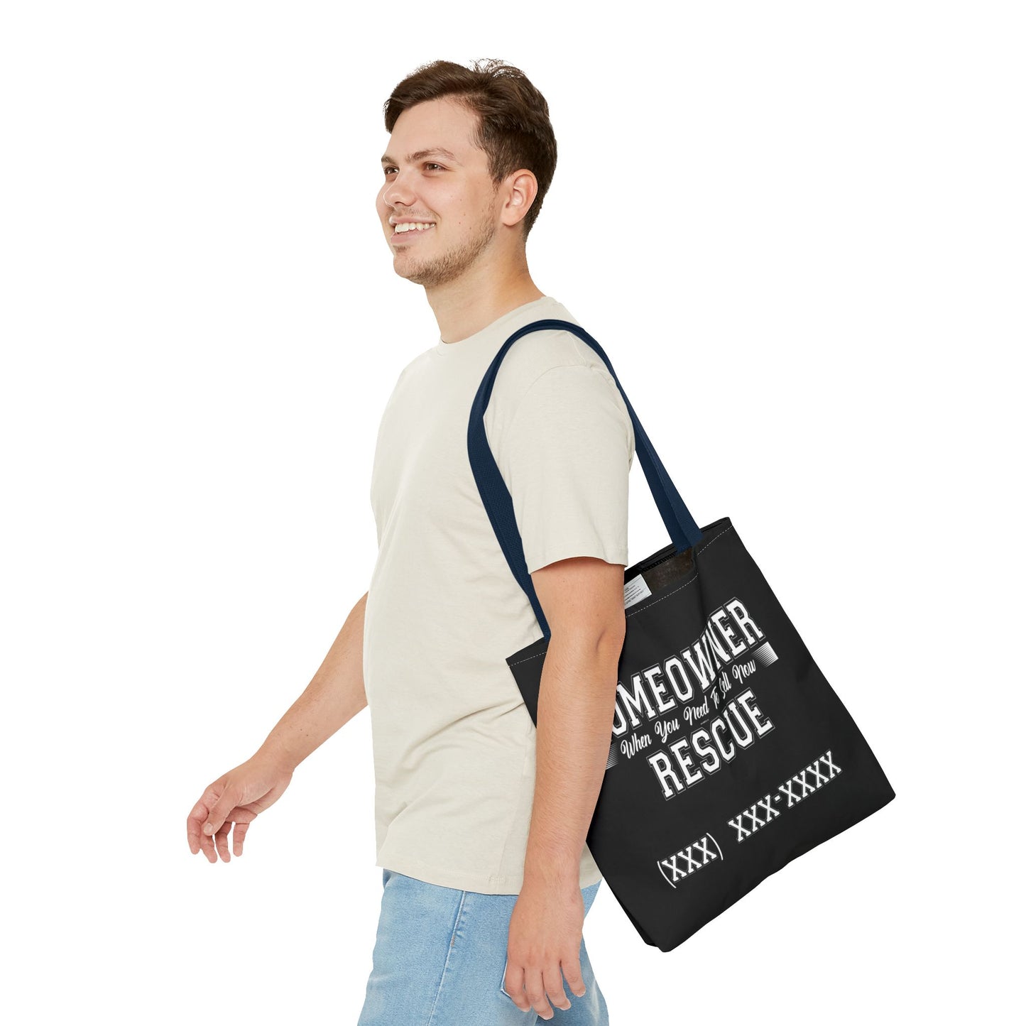 Homeowner Rescue Real Estate Investor Two-Sided Black Tote Bag with Custom Phone Number