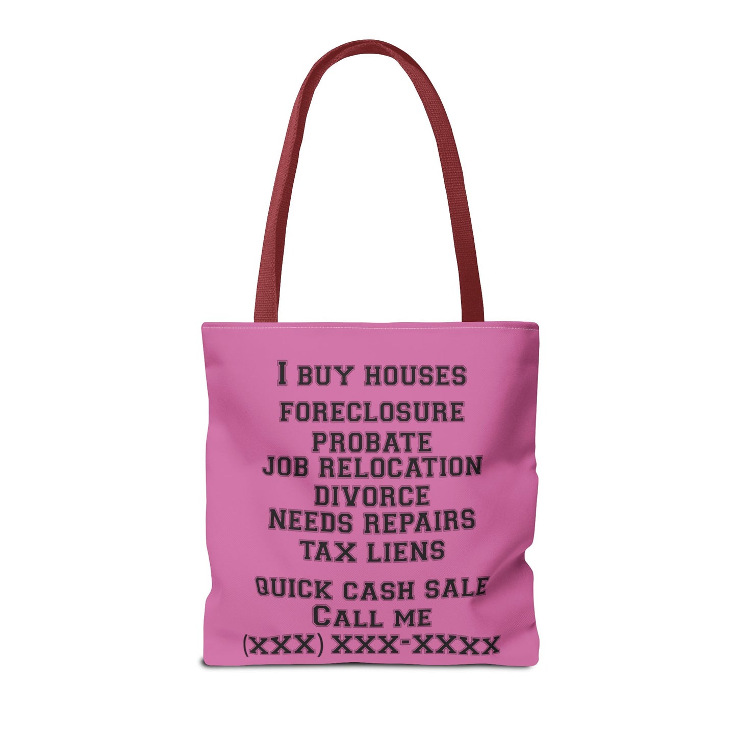 Homeowner Rescue Real Estate Investor Two-Sided Pink Tote Bag with Custom Phone Number