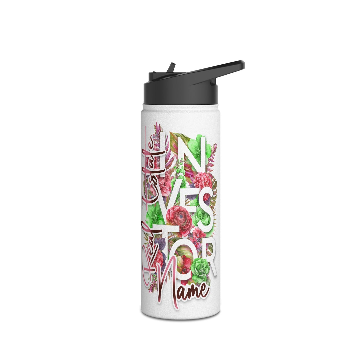 Floral Real Estate Investor Personalized Stainless Steel Water Bottle, Standard Lid