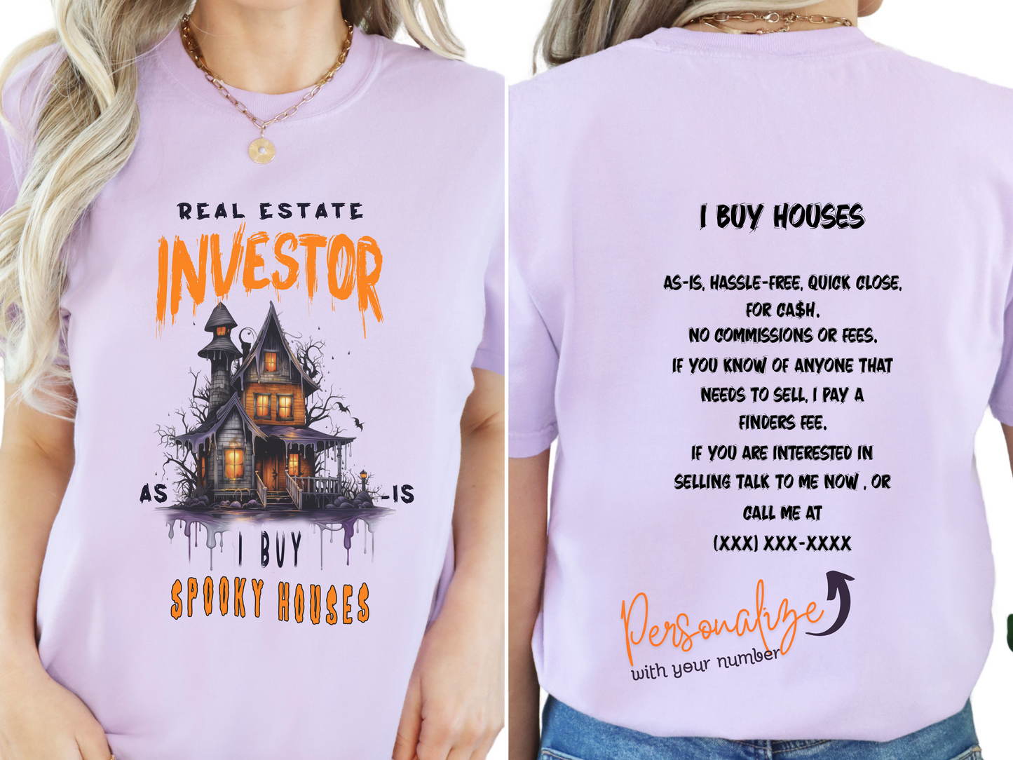 I Buy Spooky Houses As-Is Front and Back Design Unisex Short Sleeve Halloween and Fall T-shirt for Real Estate Investor Promotion