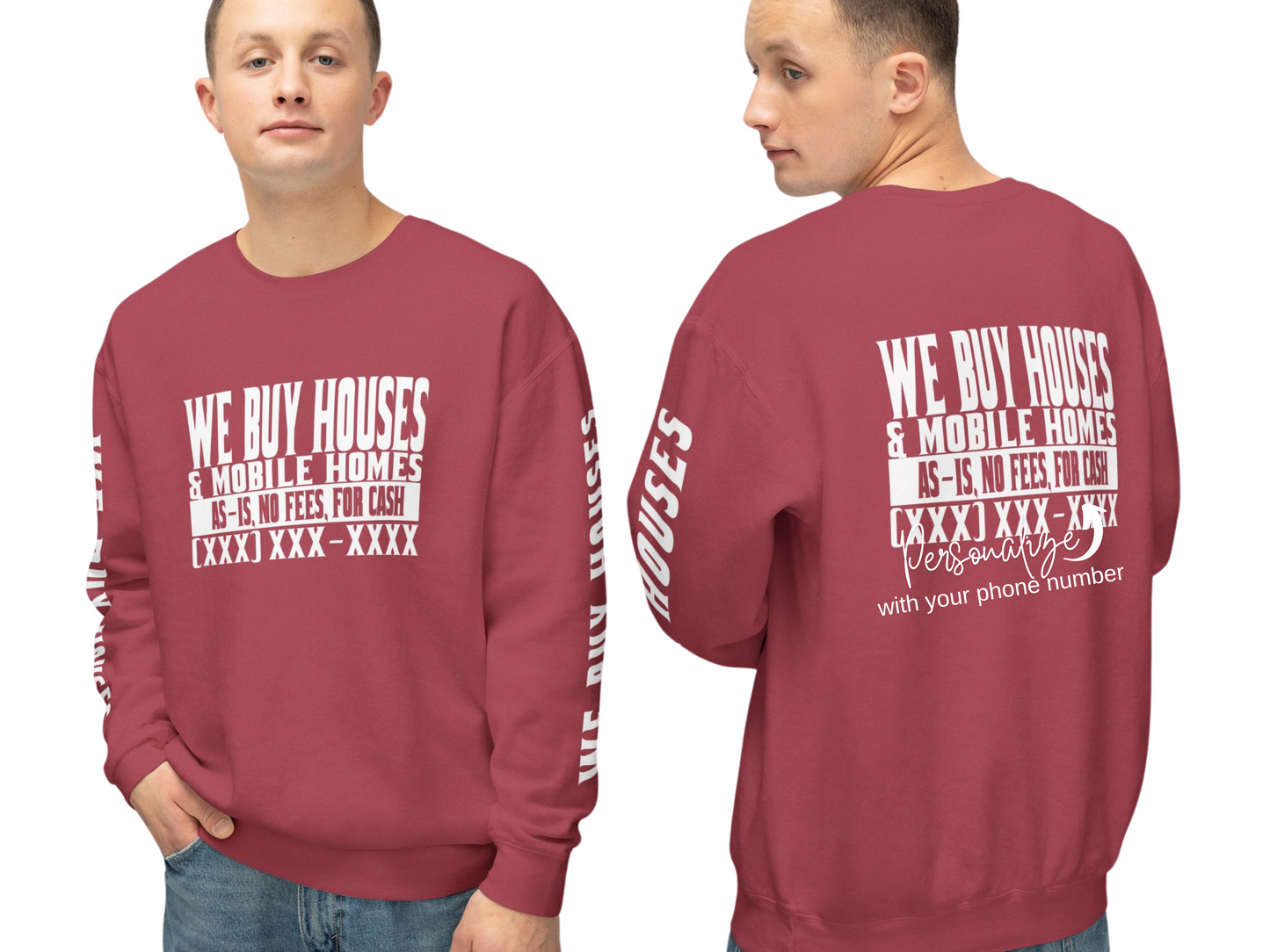 We Buy Houses & Mobile Homes Real Estate Investor, Wholesaler and Flipper Lead Generation Unisex Lightweight Crewneck Sweatshirt