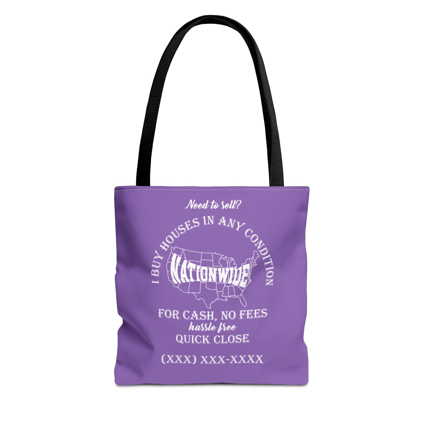 I Buy Houses Nationwide Real Estate Investor Two-Sided Purple Tote Bag with Custom Phone Number