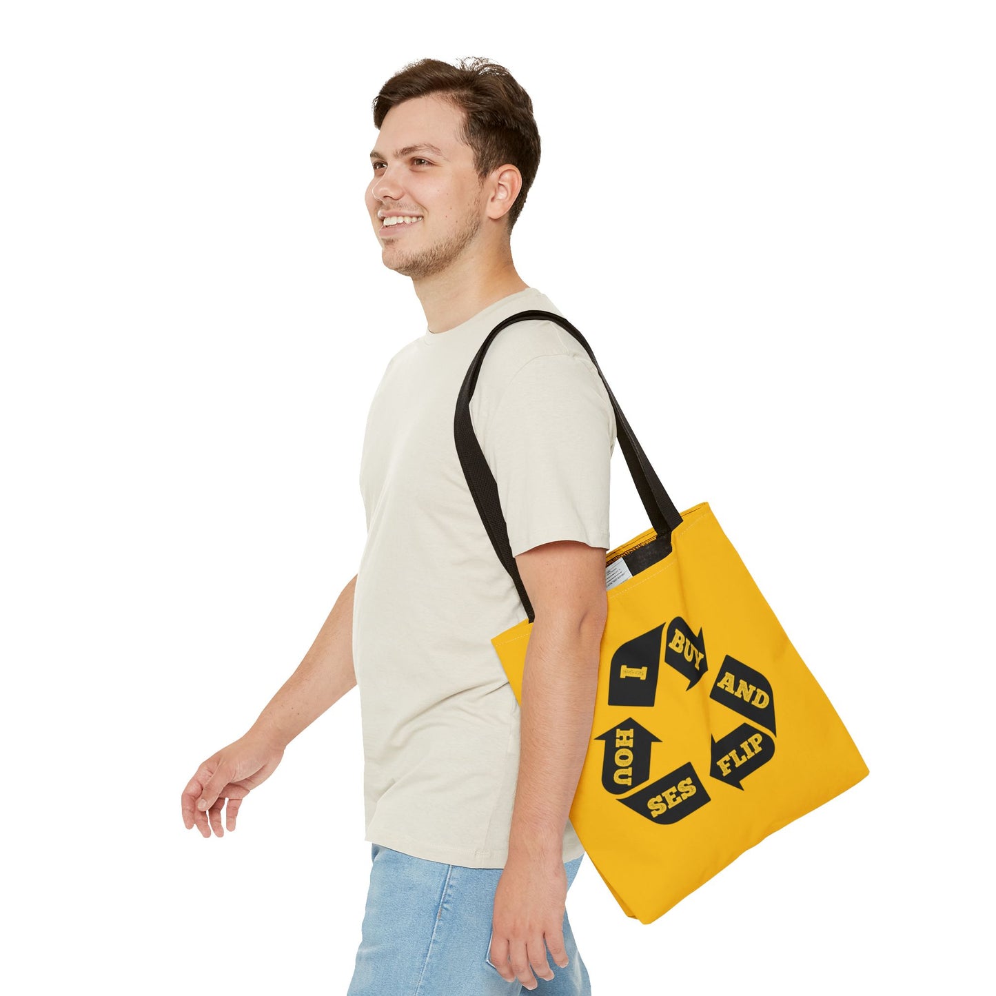 I Buy and Flip Houses to Buy Real Estate Investor Two-Sided Black & Yellow Tote Bag with Custom Phone Number