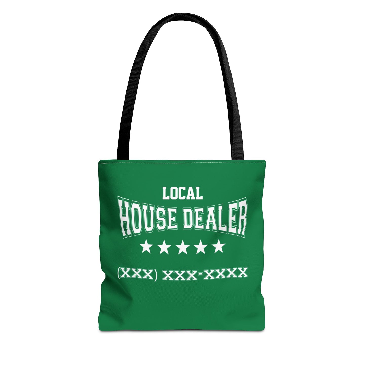 Local Five Star House Dealer Real Estate Investor Two-Sided Dark Green Tote Bag with Custom Phone Number