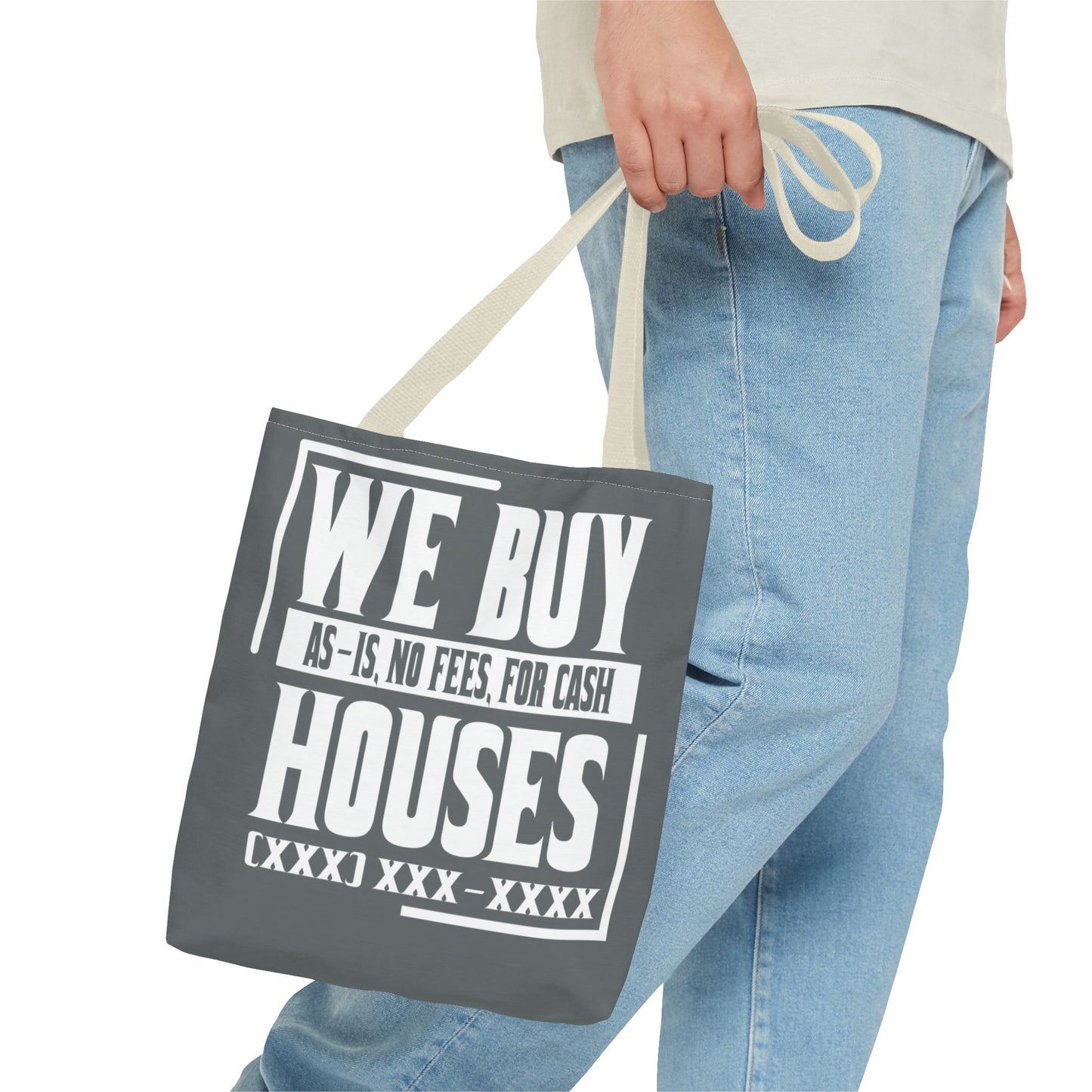 We Buy Houses As-Is, No Fees, For Cash Customized White and Gray Tote Bag for Real Estate Investors