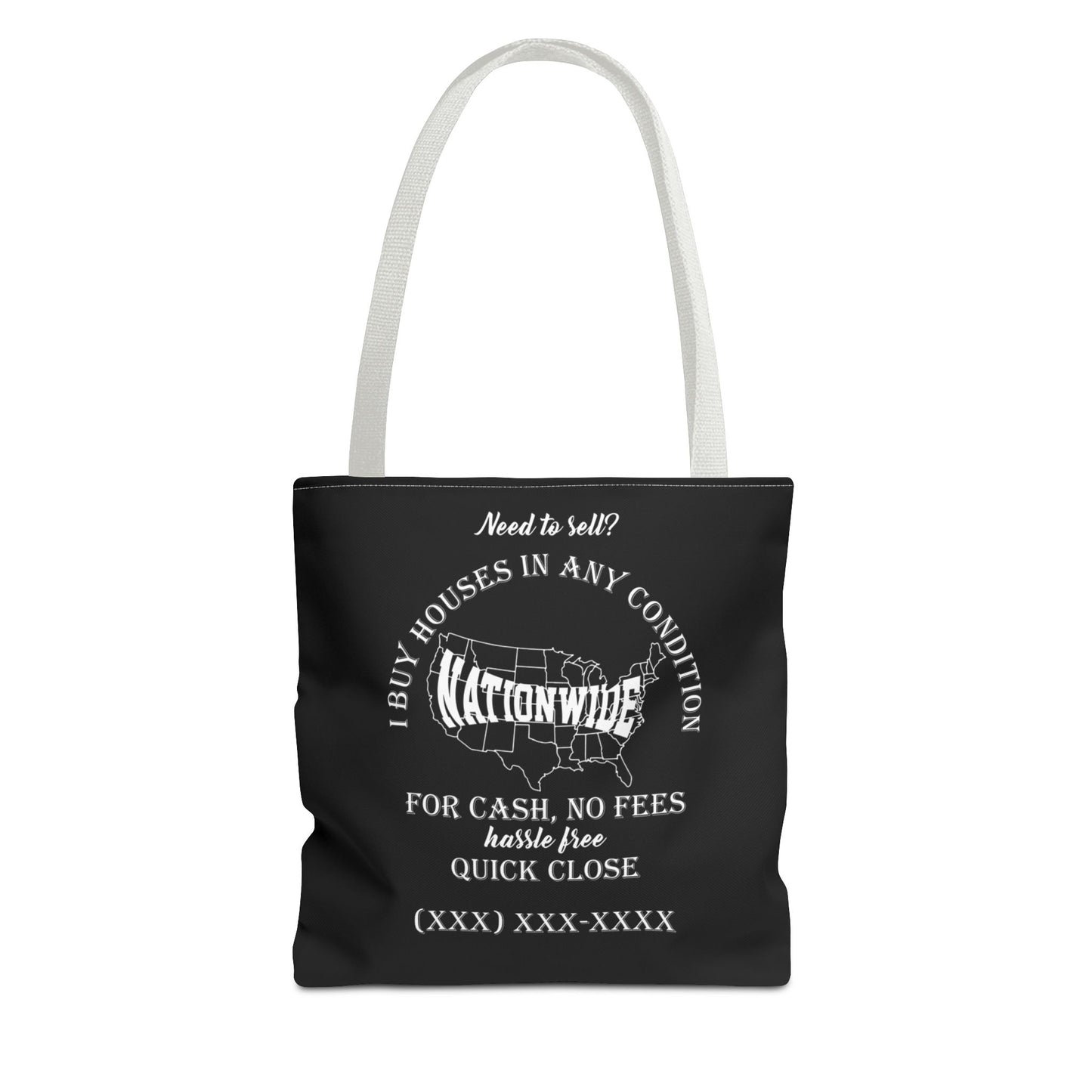 I Buy Houses Nationwide Real Estate Investor Two-Sided Black Tote Bag with Custom Phone Number