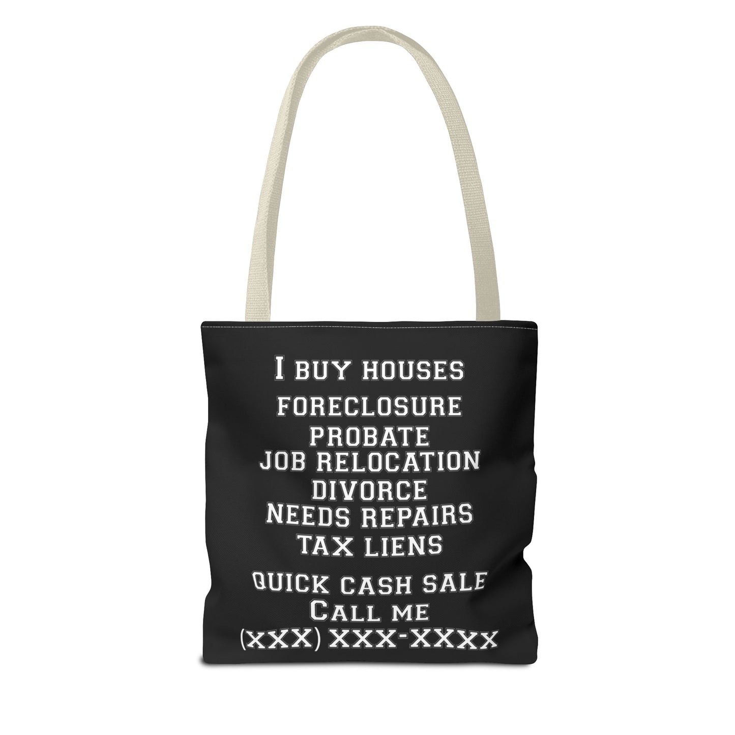 Homeowner Rescue Real Estate Investor Two-Sided Black Tote Bag with Custom Phone Number