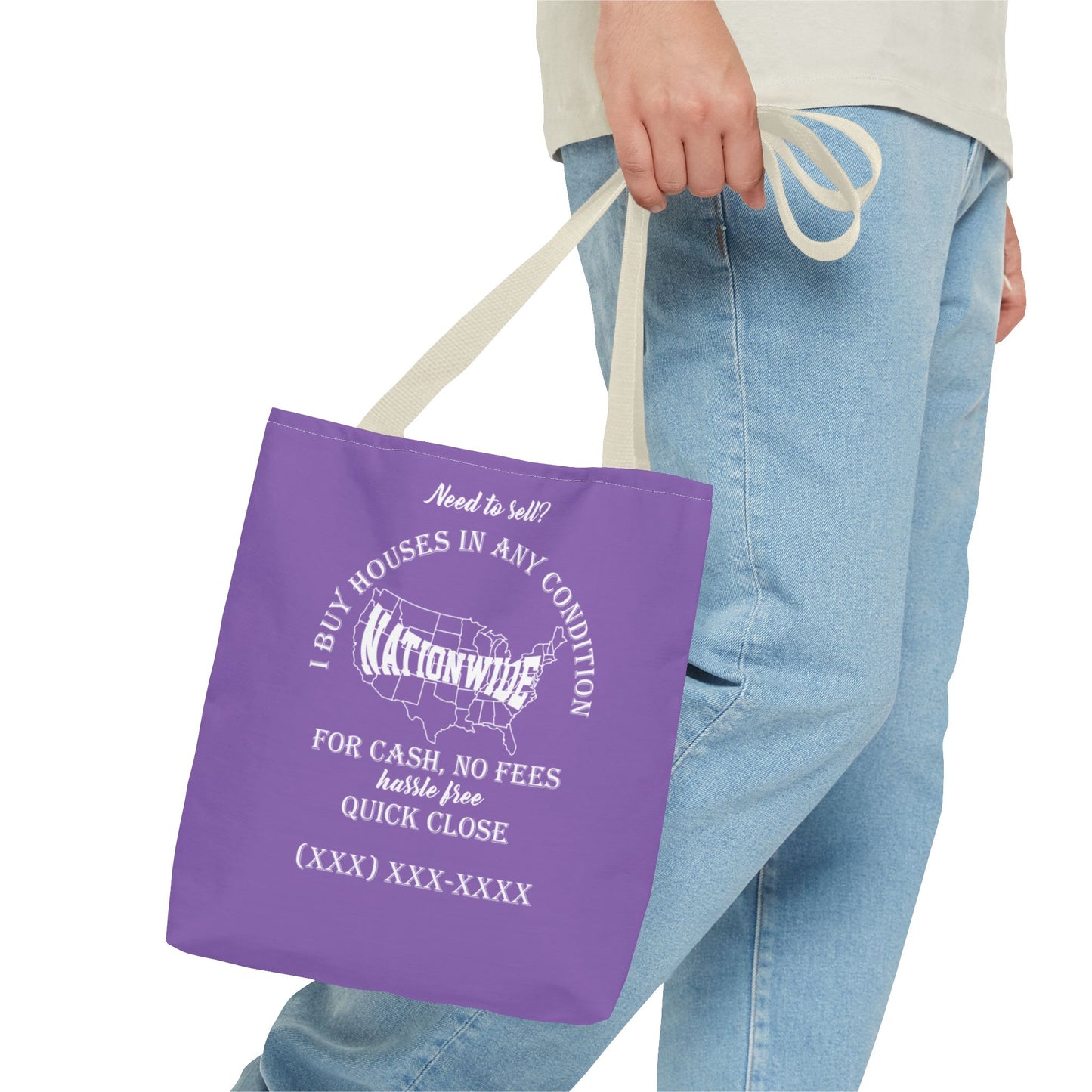 I Buy Houses Nationwide Real Estate Investor Two-Sided Purple Tote Bag with Custom Phone Number