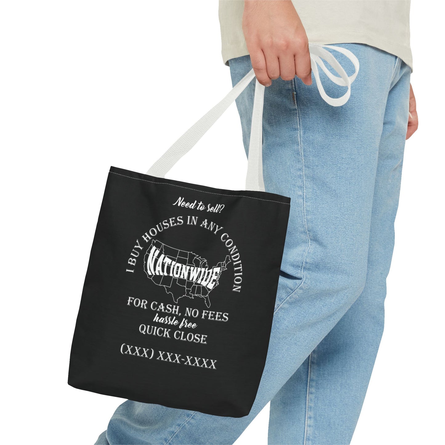 I Buy Houses Nationwide Real Estate Investor Two-Sided Black Tote Bag with Custom Phone Number