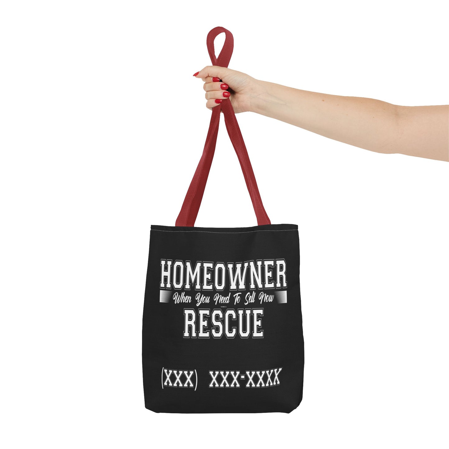 Homeowner Rescue Real Estate Investor Two-Sided Black Tote Bag with Custom Phone Number