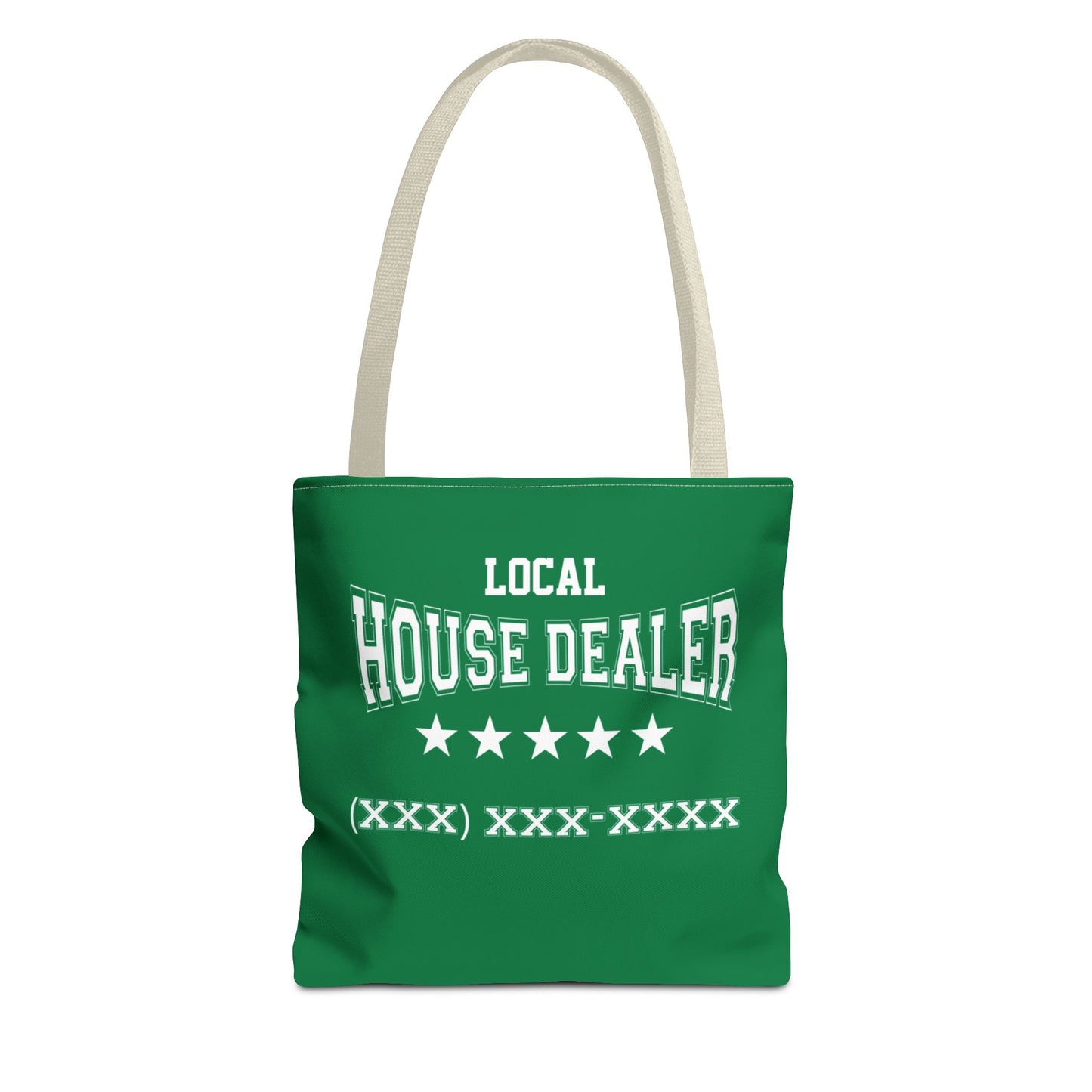 Local Five Star House Dealer Real Estate Investor Two-Sided Dark Green Tote Bag with Custom Phone Number