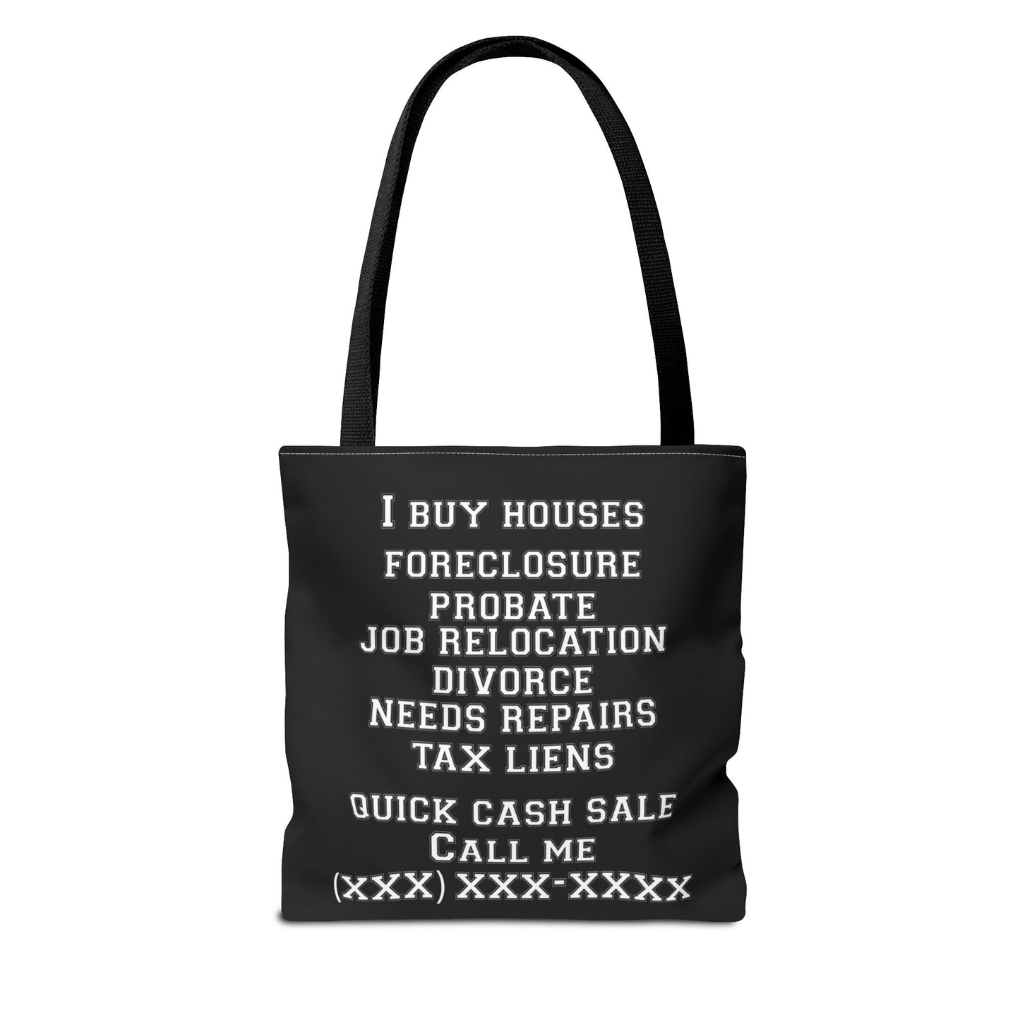 Homeowner Rescue Real Estate Investor Two-Sided Black Tote Bag with Custom Phone Number