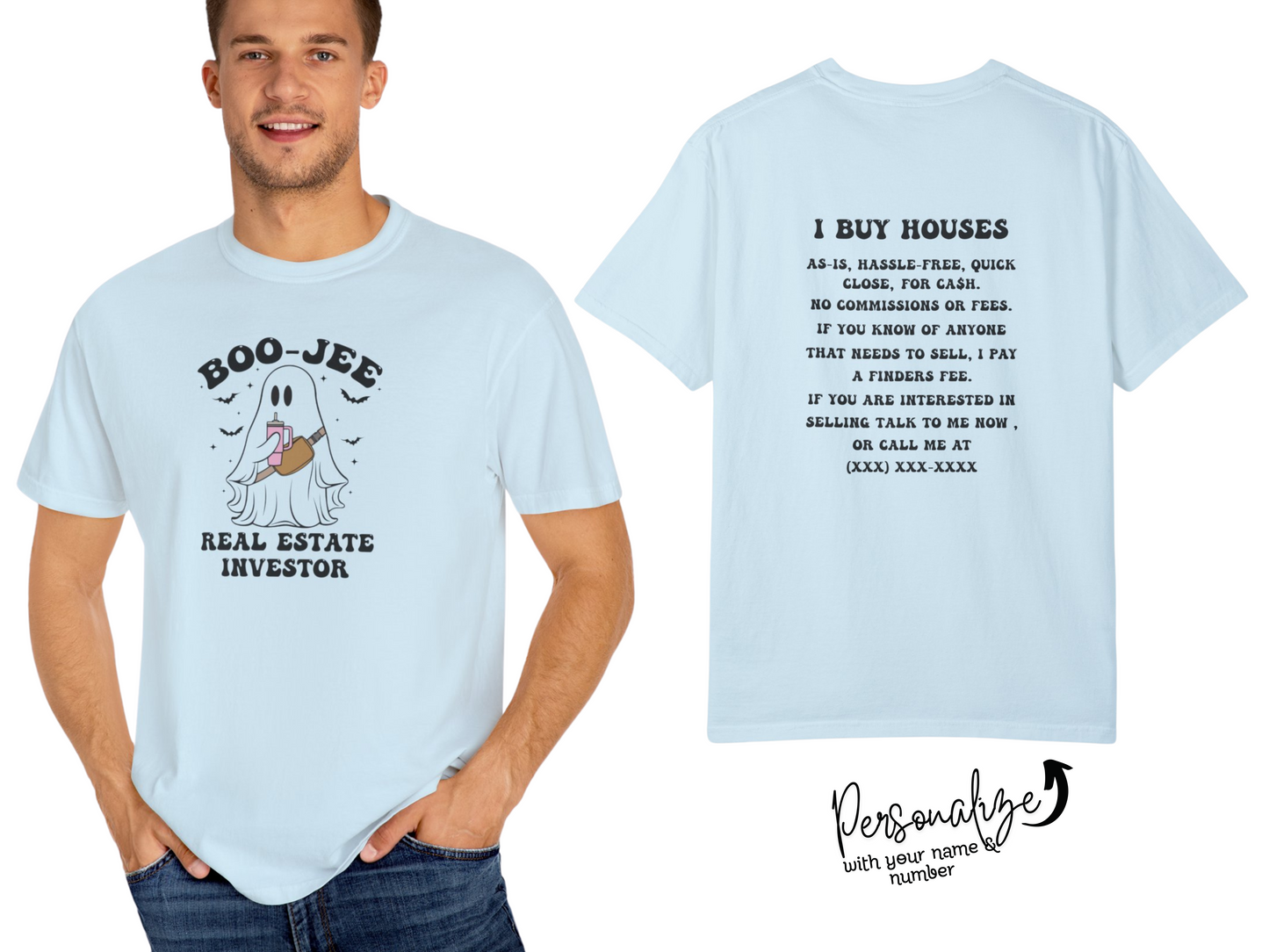 Halloween Fun! Boo-Jee Ghost Real Estate Investor Personalized Unisex Garment-Dyed T-shirt Business Marketing