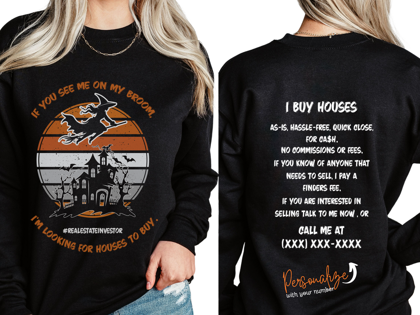 Real Estate Investor I Buy Houses - If You See Me on My Broom I'm Looking for Houses to Buy Orange - Unisex Jersey Long Sleeve Halloween Tee