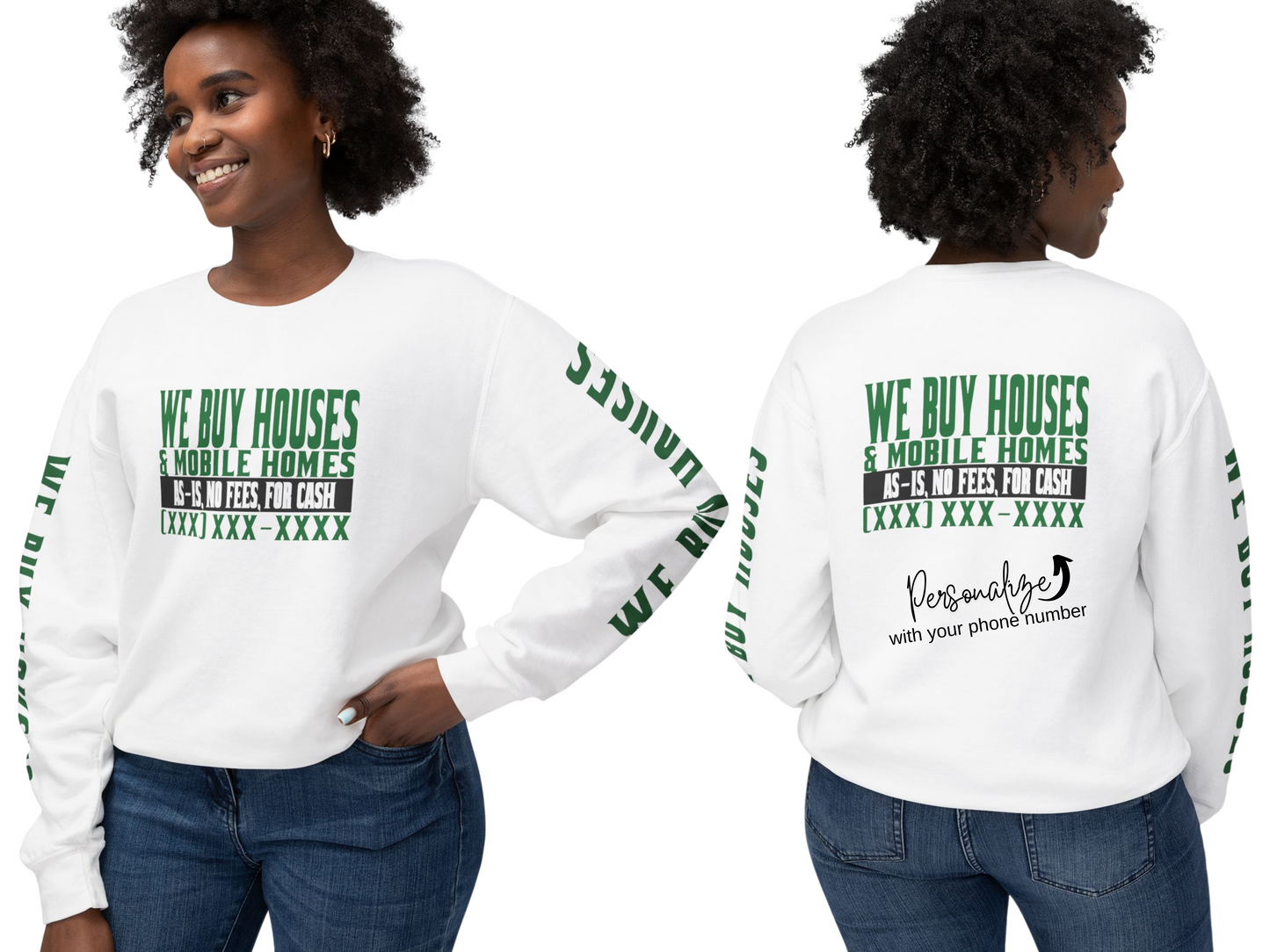 We Buy Houses & Mobile Homes Real Estate Investor, Wholesaler and Flipper Lead Generation Unisex Lightweight Crewneck Sweatshirt