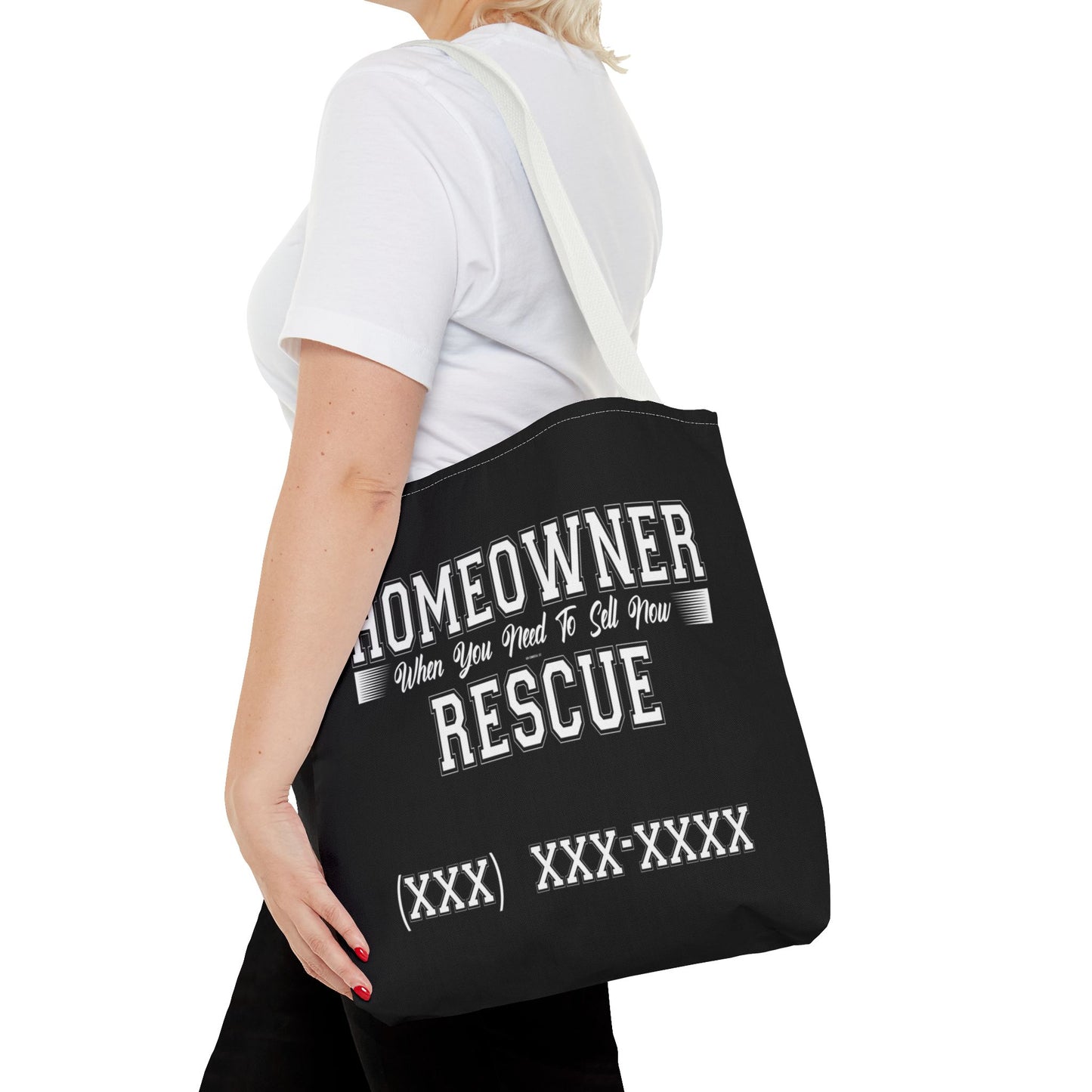 Homeowner Rescue Real Estate Investor Two-Sided Black Tote Bag with Custom Phone Number