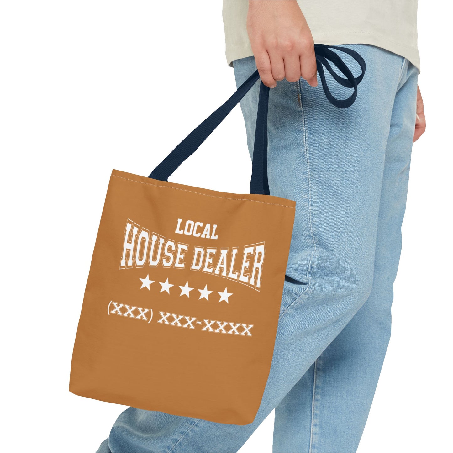 Local Five Star House Dealer Real Estate Investor Two-Sided Brown Tote Bag with Custom Phone Number