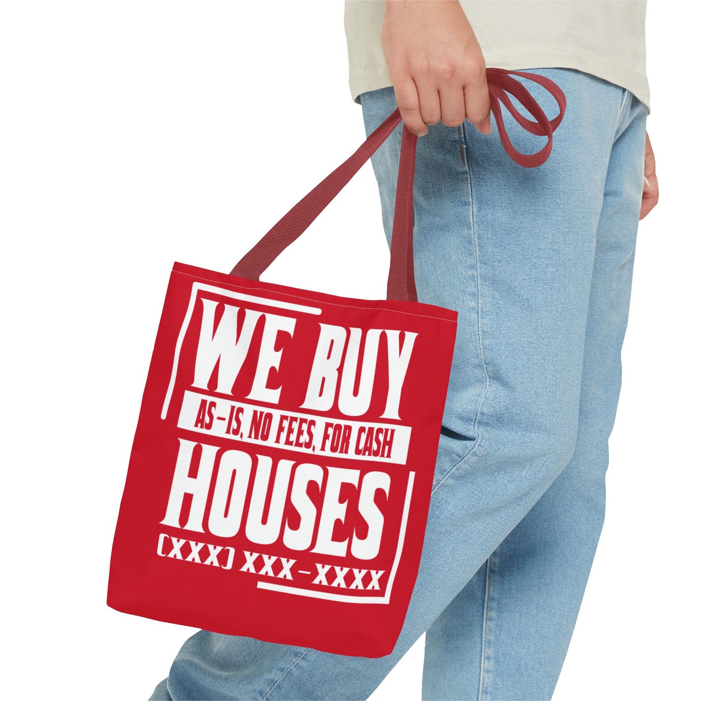 We Buy Houses As-Is, No Fees, For Cash Customized White and Red Tote Bag for Real Estate Investors