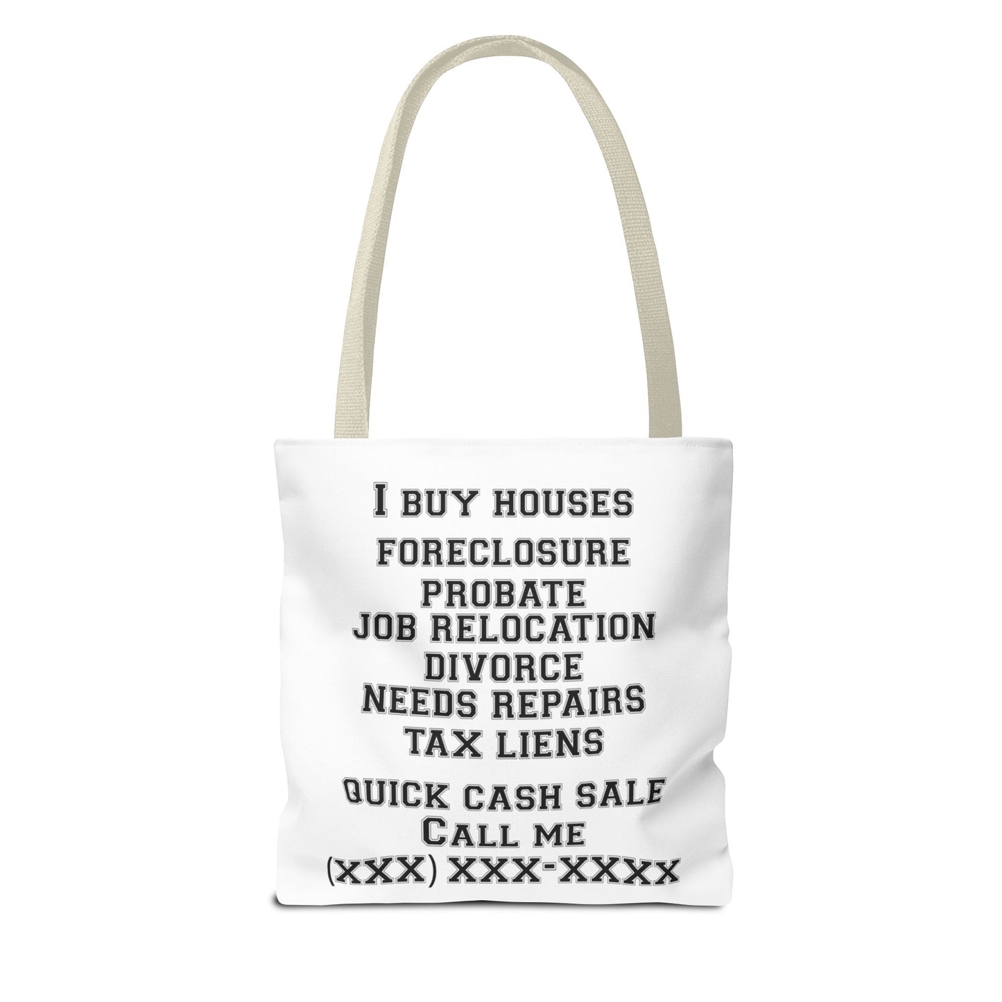 Homeowner Rescue Real Estate Investor Two-Sided White Tote Bag with Custom Phone Number