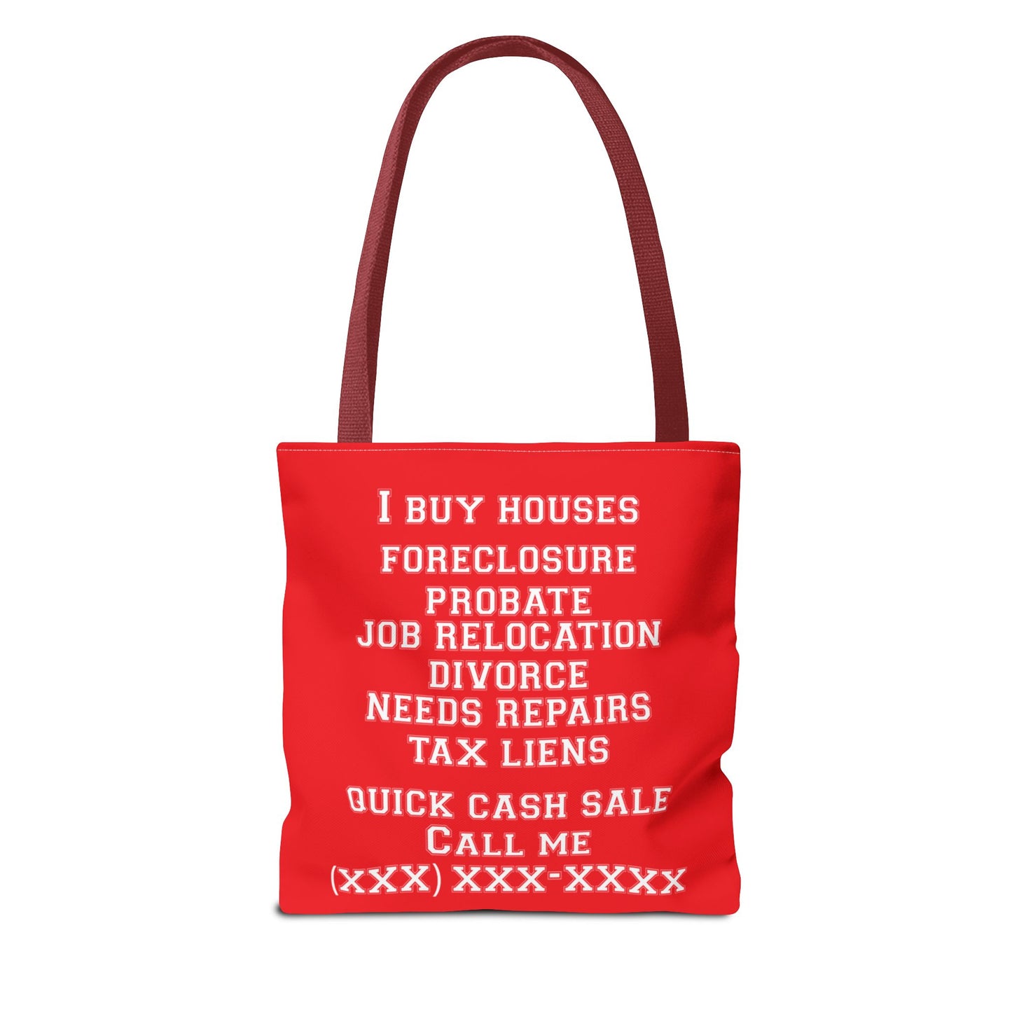 Foreclosure Rescue Real Estate Investor Two-Sided Red Tote Bag with Custom Phone Number