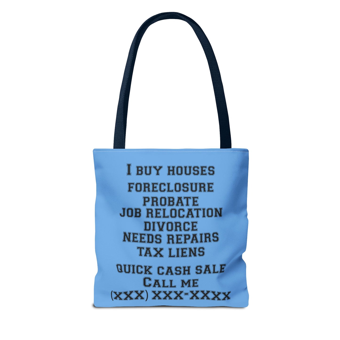 Foreclosure Rescue Real Estate Investor Two-Sided Blue Tote Bag with Custom Phone Number