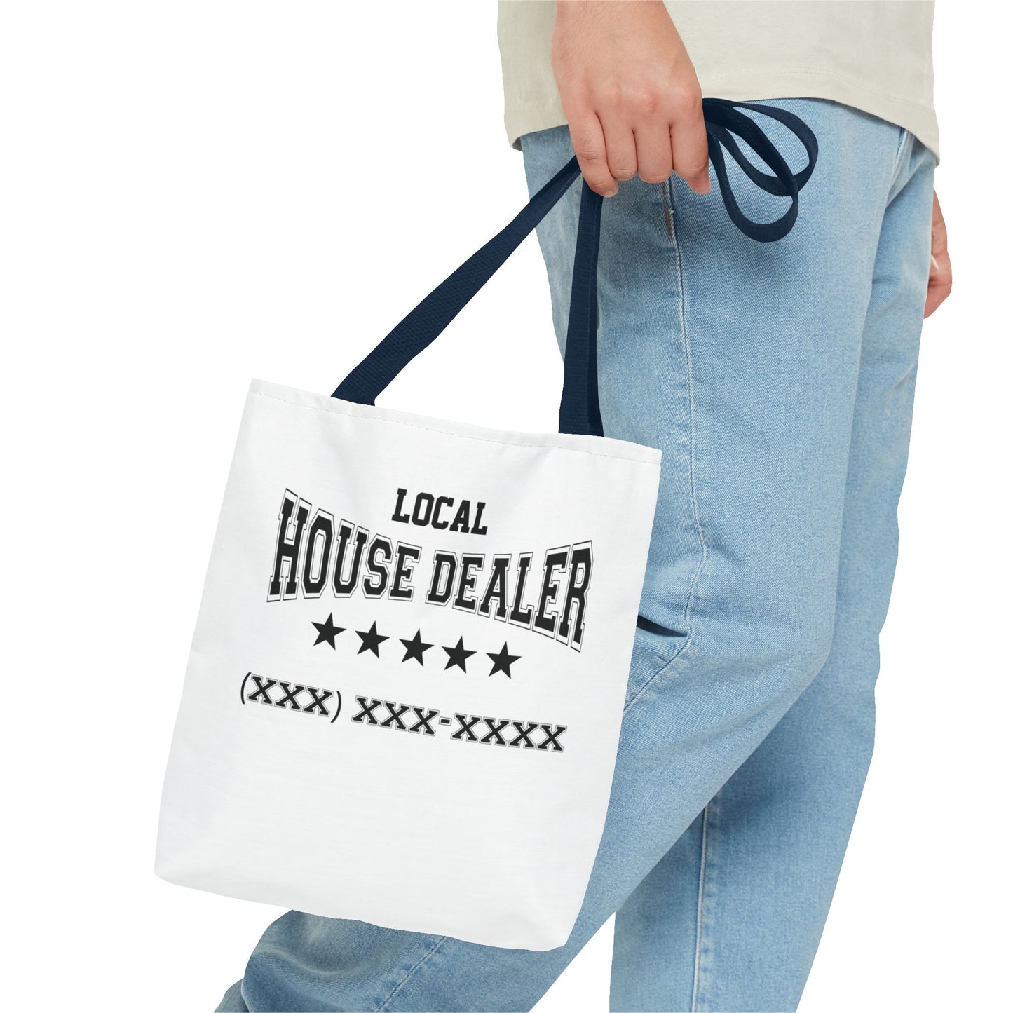 Local Five Star House Dealer Real Estate Investor Two-Sided White Tote Bag with Custom Phone Number