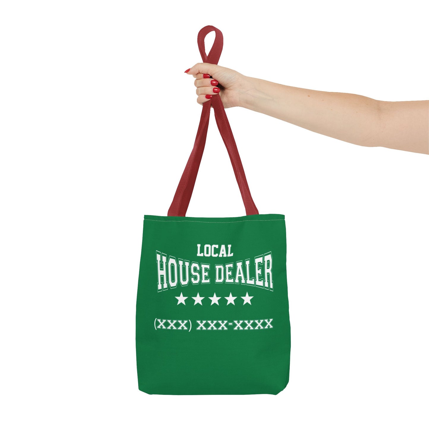 Local Five Star House Dealer Real Estate Investor Two-Sided Dark Green Tote Bag with Custom Phone Number