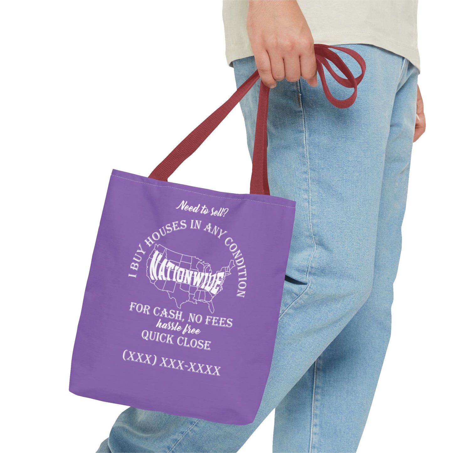 I Buy Houses Nationwide Real Estate Investor Two-Sided Purple Tote Bag with Custom Phone Number