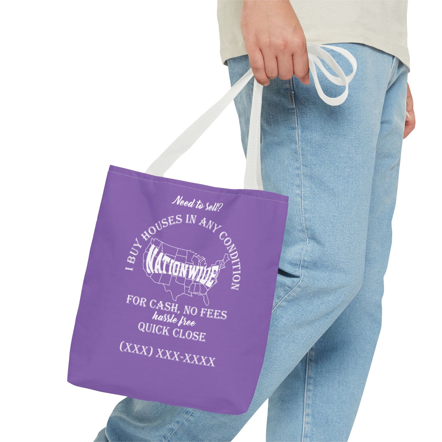 I Buy Houses Nationwide Real Estate Investor Two-Sided Purple Tote Bag with Custom Phone Number