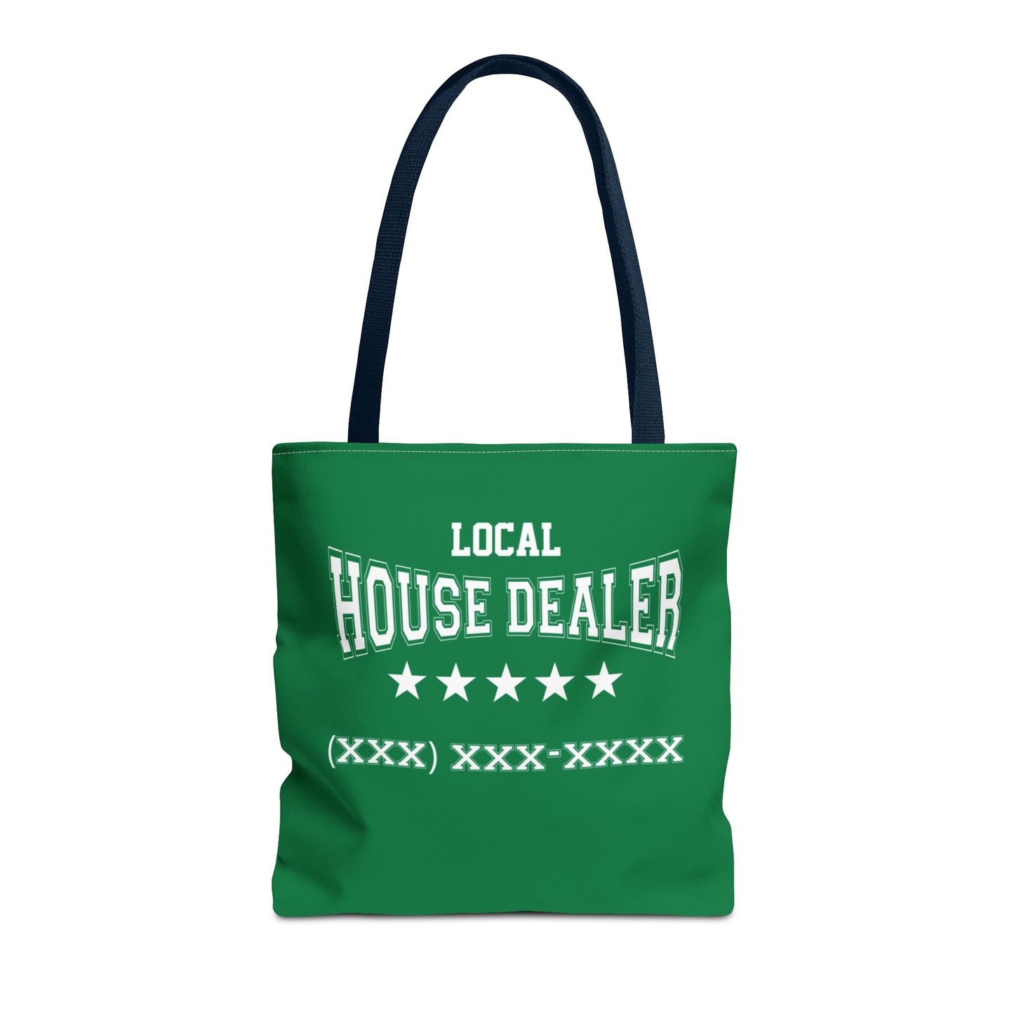 Local Five Star House Dealer Real Estate Investor Two-Sided Dark Green Tote Bag with Custom Phone Number