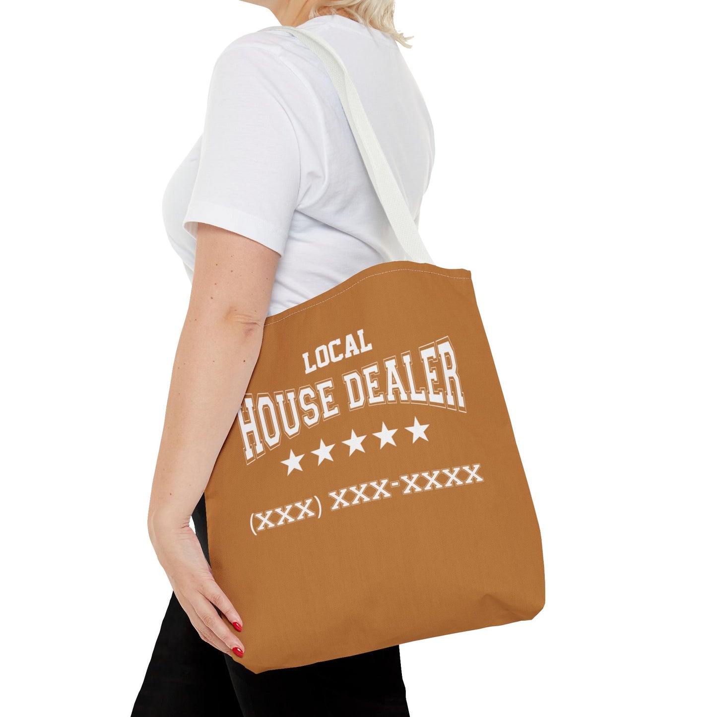 Local Five Star House Dealer Real Estate Investor Two-Sided Brown Tote Bag with Custom Phone Number