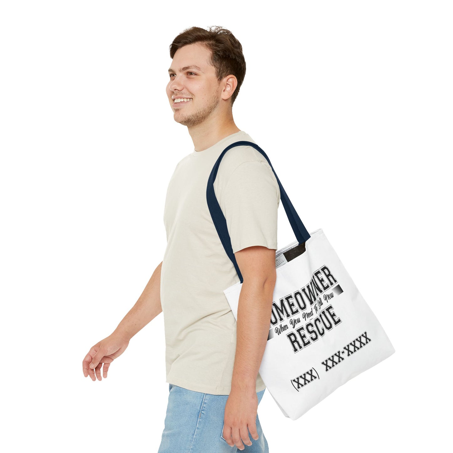 Homeowner Rescue Real Estate Investor Two-Sided White Tote Bag with Custom Phone Number