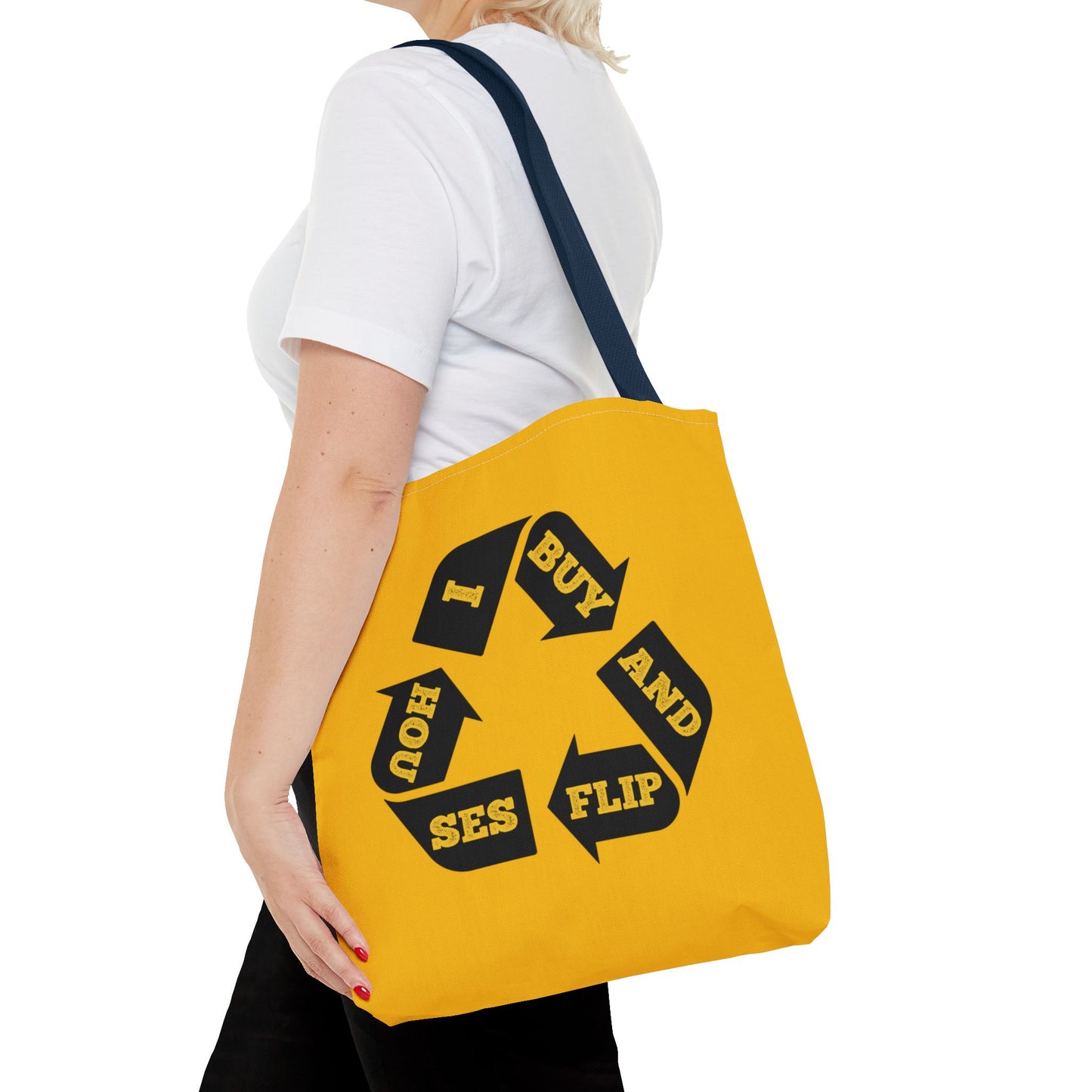 I Buy and Flip Houses to Buy Real Estate Investor Two-Sided Black & Yellow Tote Bag with Custom Phone Number